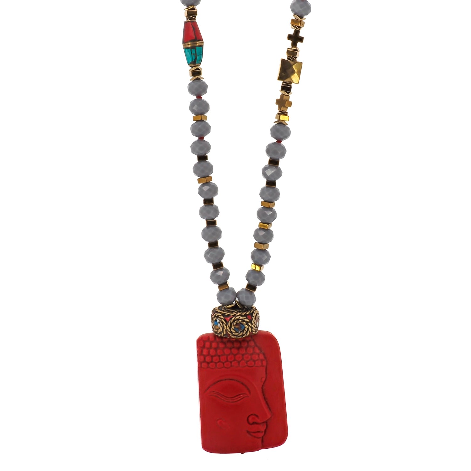 Women’s Gold / Grey / Red Calmness Red Buddha Beaded Long Necklace - Red Ebru Jewelry