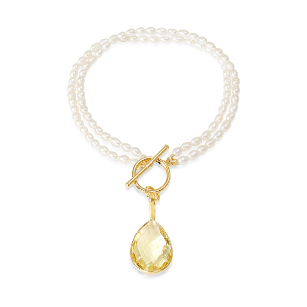 Women’s Yellow / Orange / White Clara Double-Strand Pearl Bracelet With A Lemon Topaz Drop Pendant Pearls of the Orient Online