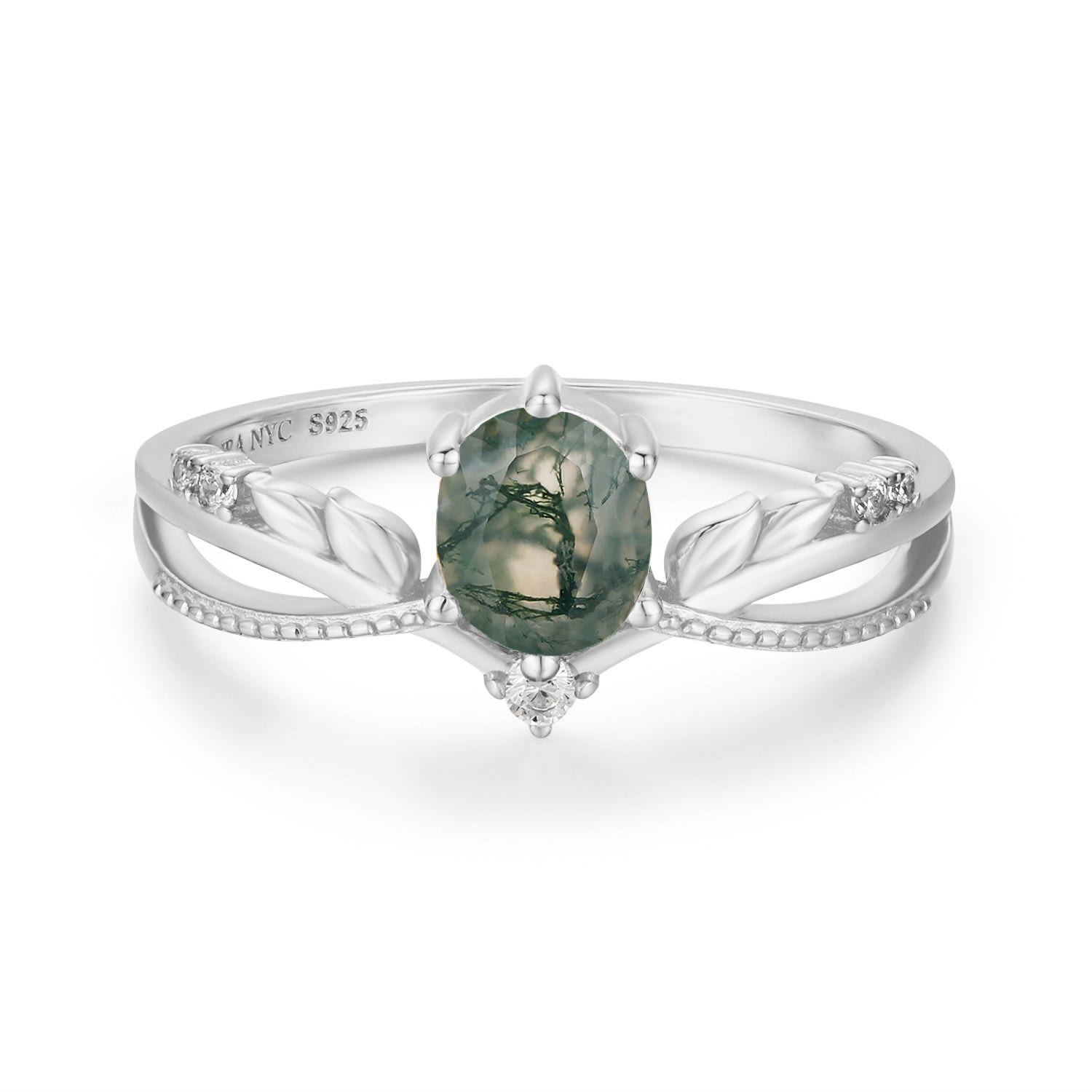 Women’s Silver Calla Lily Moss Agate Ring White Gold Vermeil Azura Jewelry New York