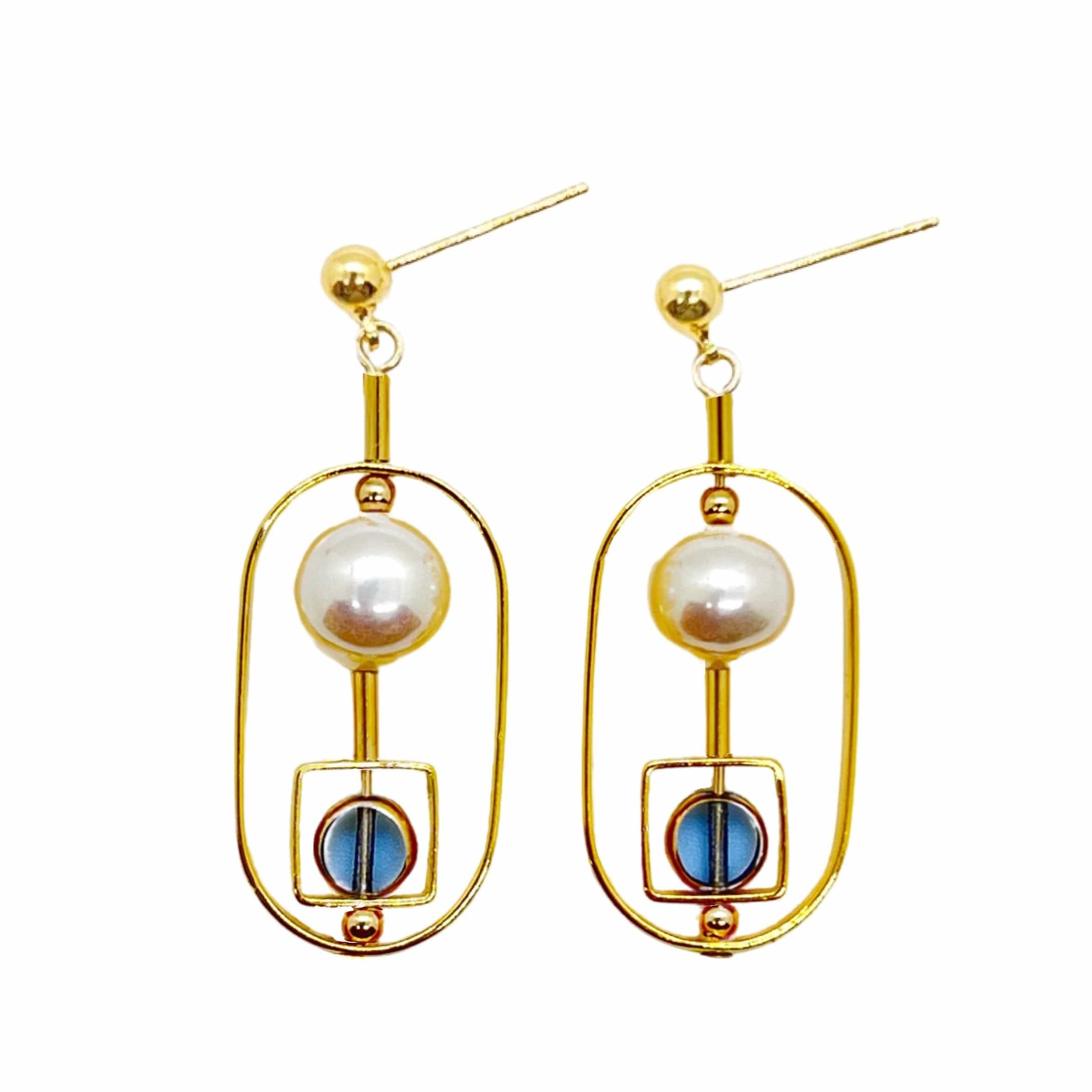 Women’s Blue / Gold Small Blue Circle And Pearl Art Earrings Aracheli Studio