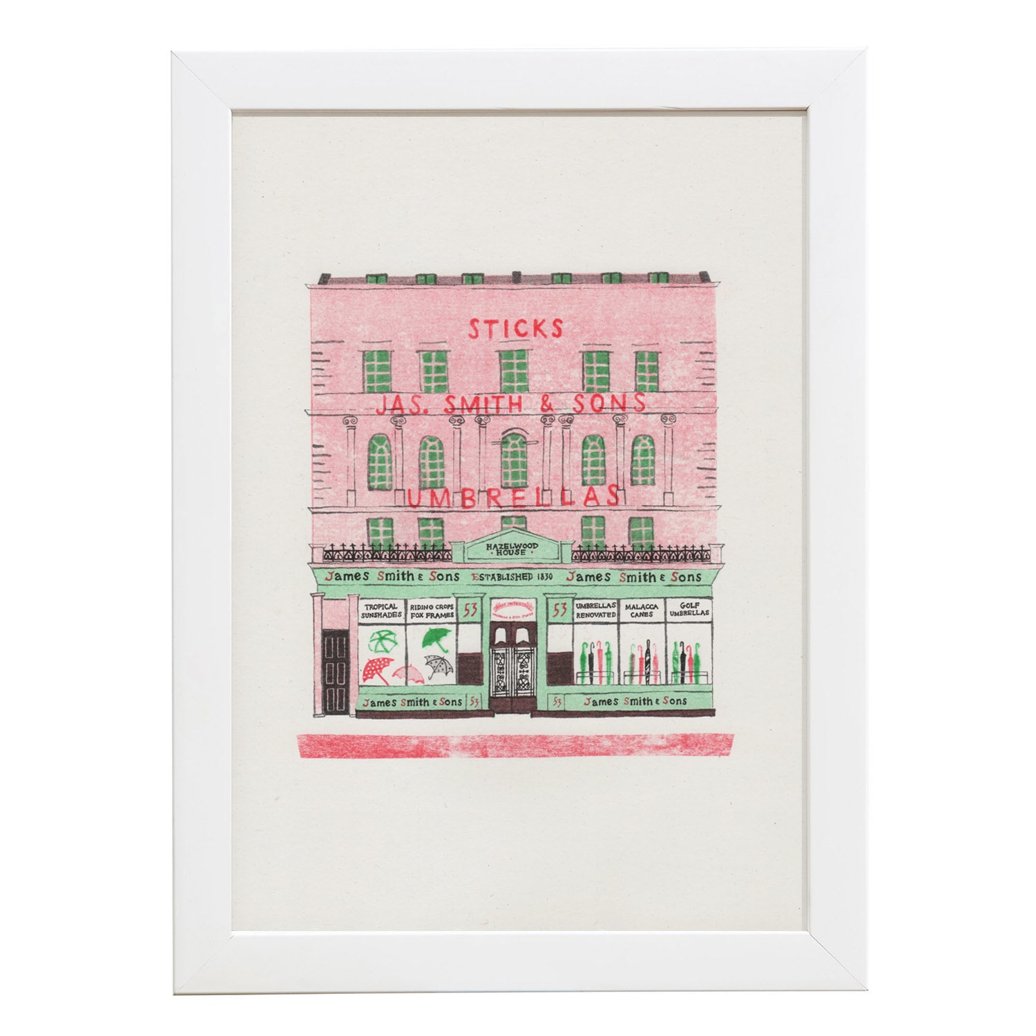 Green / Black / Red James Smith & Son Umbrella Shop Risograph Print, Large Rosa & Clara Designs