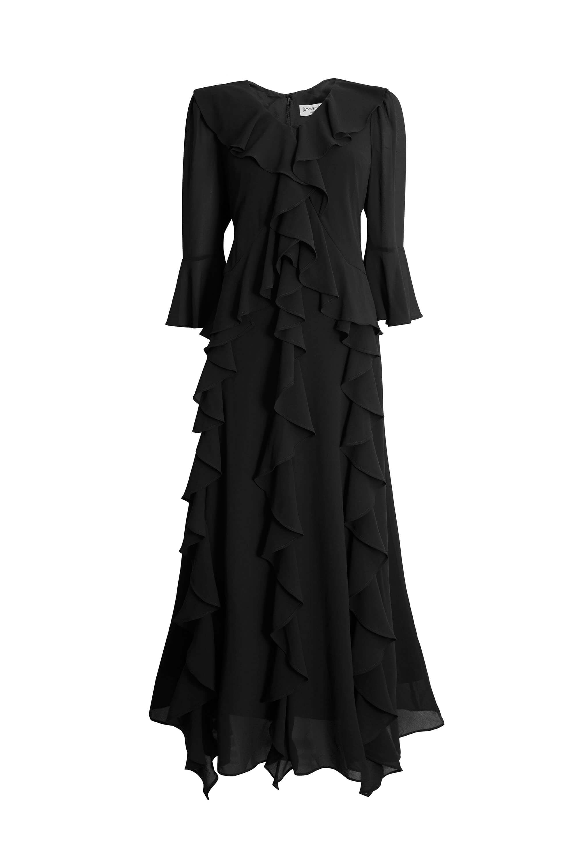 Women’s V-Neck Chiffon Ruffle Dress In Black Extra Small James Lakeland