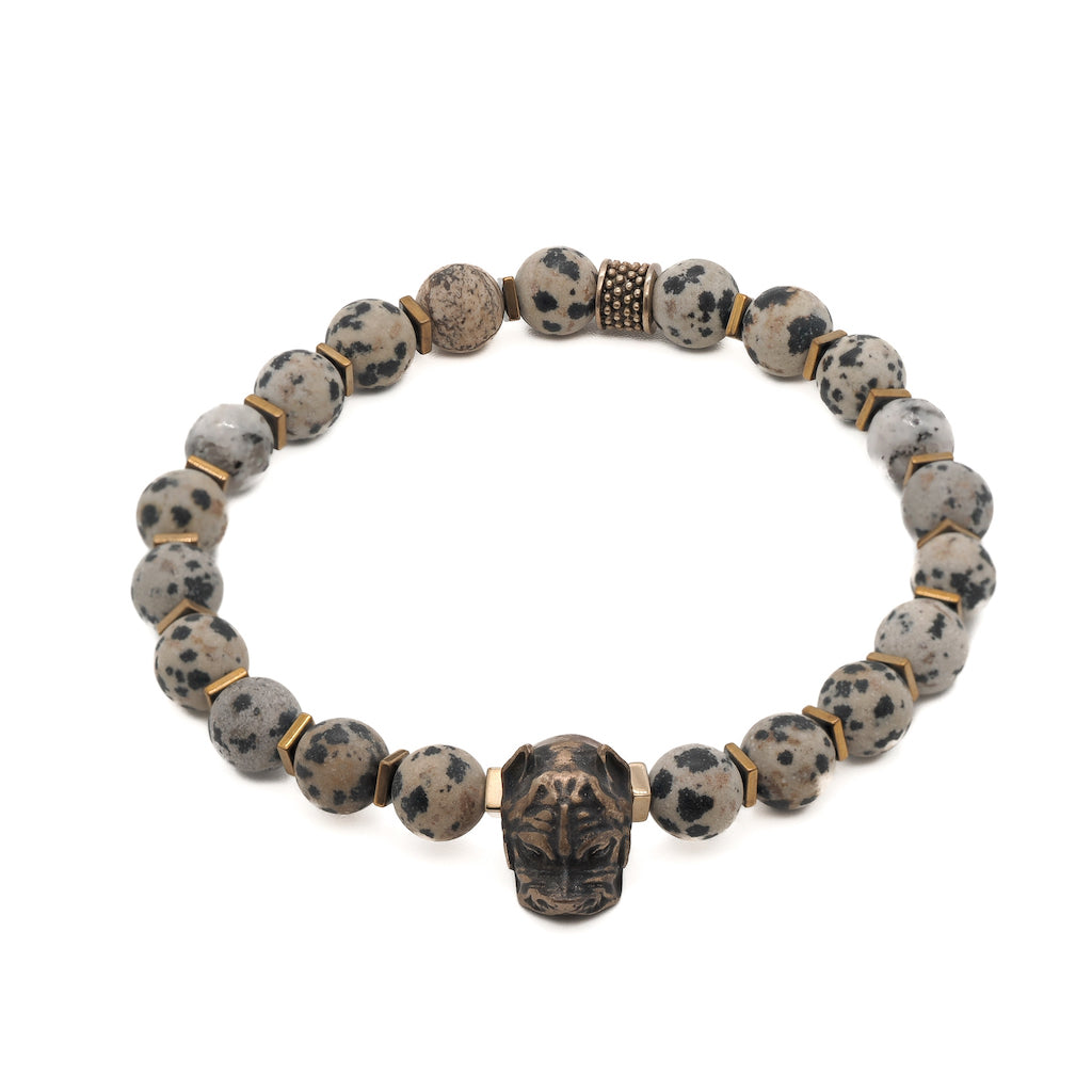 Men’s Gold / Black / White Dalmatian Jasper Beaded Dog Charm Bracelet - White Ebru Jewelry