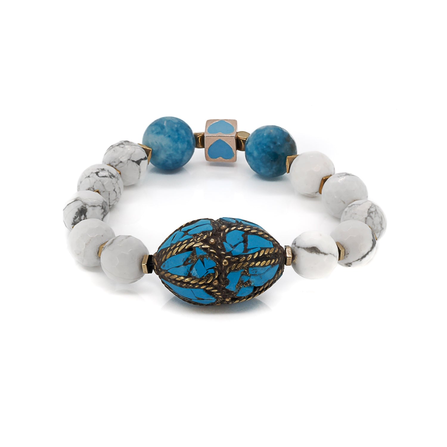 Women’s Gold / Blue / White Turquoise Chunky Nepal Beaded Bracelet - White Ebru Jewelry
