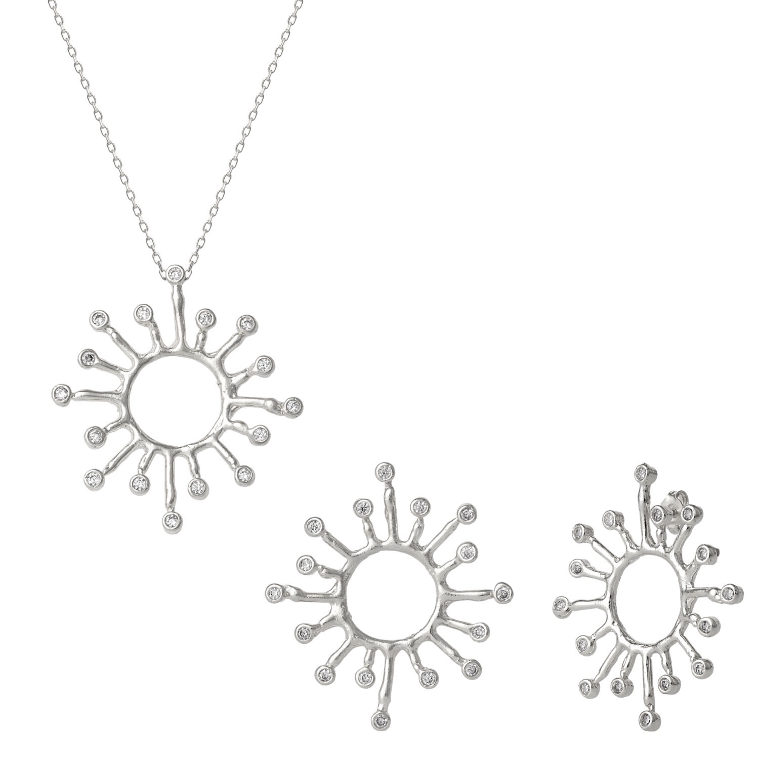 Women’s Sun Sunburst Large Textured Molten Sterling Silver Earring & Necklace Set - Silver Spero London