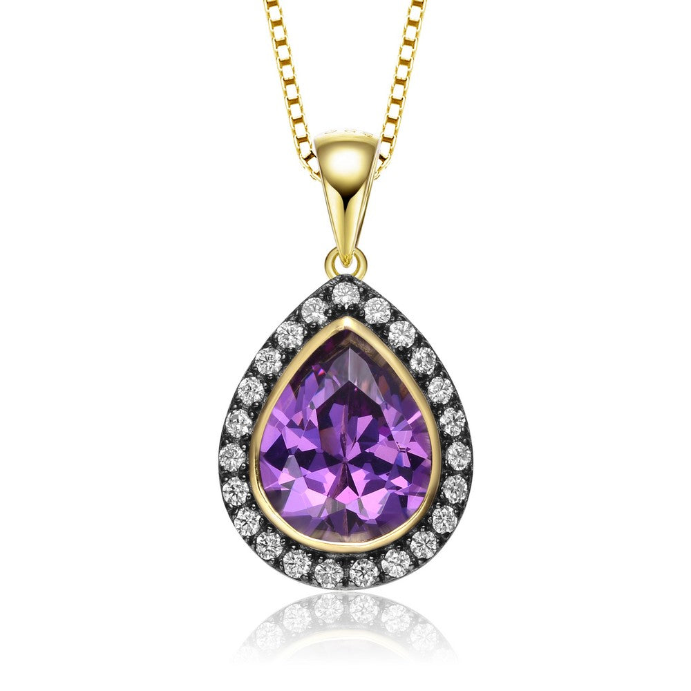 Women’s Gold / Black / Pink Gold Plated Teardrop Shaped Purple Cubic Zirconia Pendant Necklace Genevive Jewelry