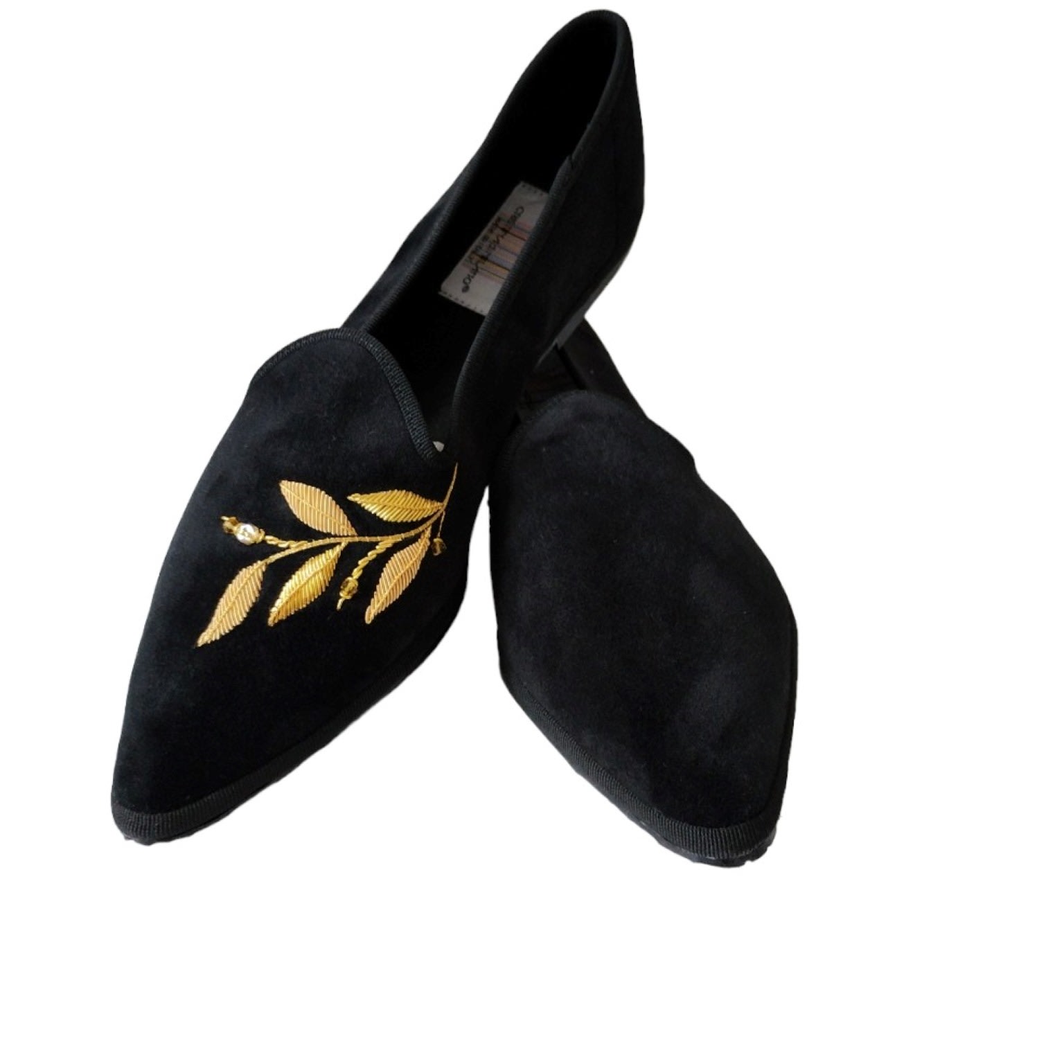 Women’s Black / Gold Friulane Flat Shoes Black With A Golden Hand Embroidered Leaf 9 Uk Cristinadimilano