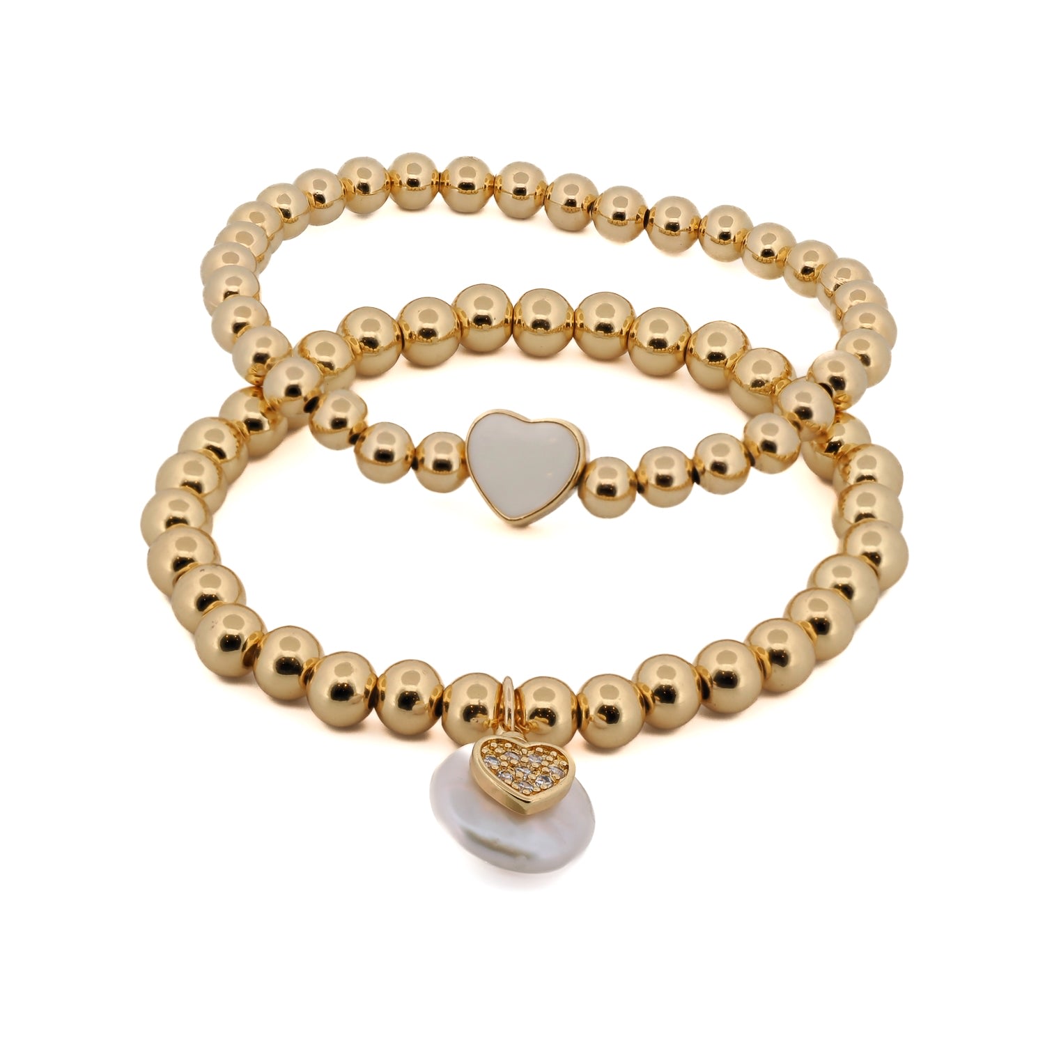 Women’s Gold / White Pure Love White Heart Gold Beaded Bracelet Set - Gold Ebru Jewelry