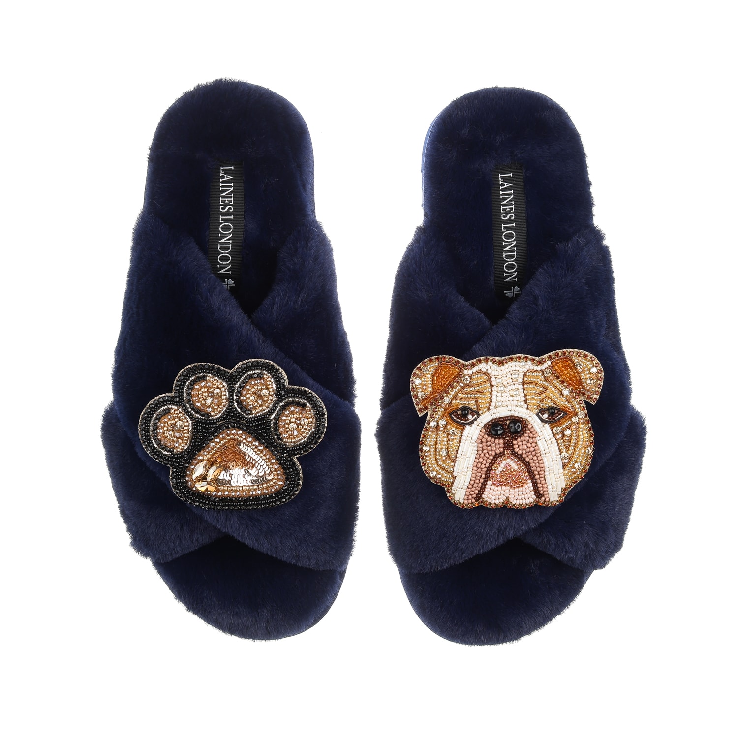 Women’s Blue Classic Laines Slippers With Mr Beefy Bulldog & Paw Brooches - Navy Large Laines London