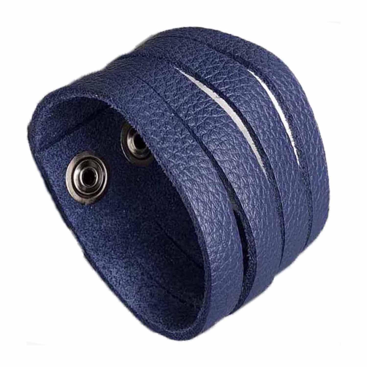 Mens Wide Blue Leather Multiple Slit Cuff Bracelet N’damus London