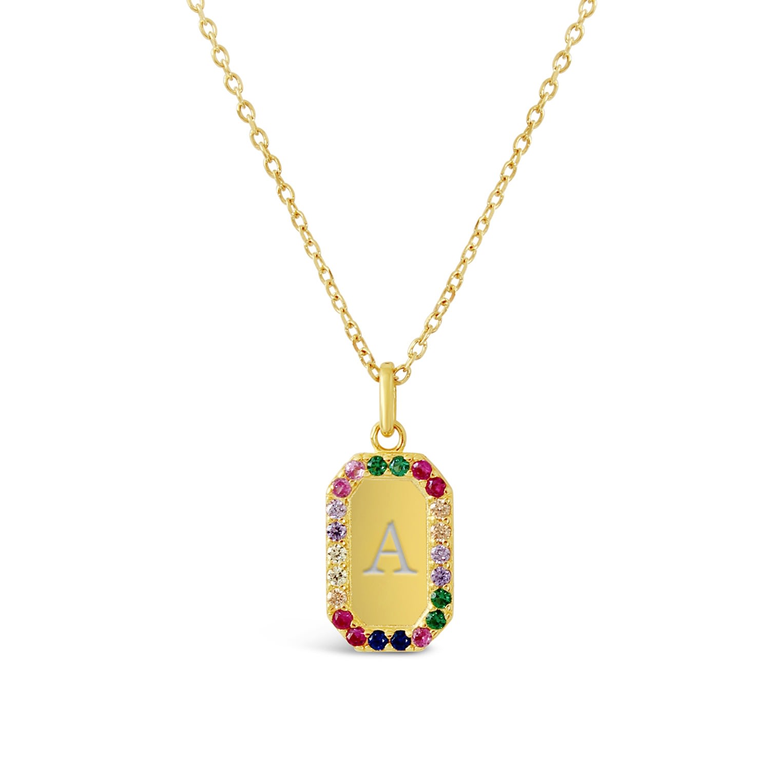 Women’s Mini Tag 18K Gold Vermeil Rainbow Necklace - Minimal Initial Engraving Lucky Eleven