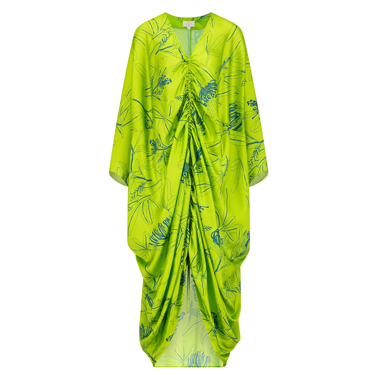 Women’s Green Floral Print Mariposa Cut Kaftan In Pure Silk With Central Gathering In Color Lime Punch One Size Azzalia