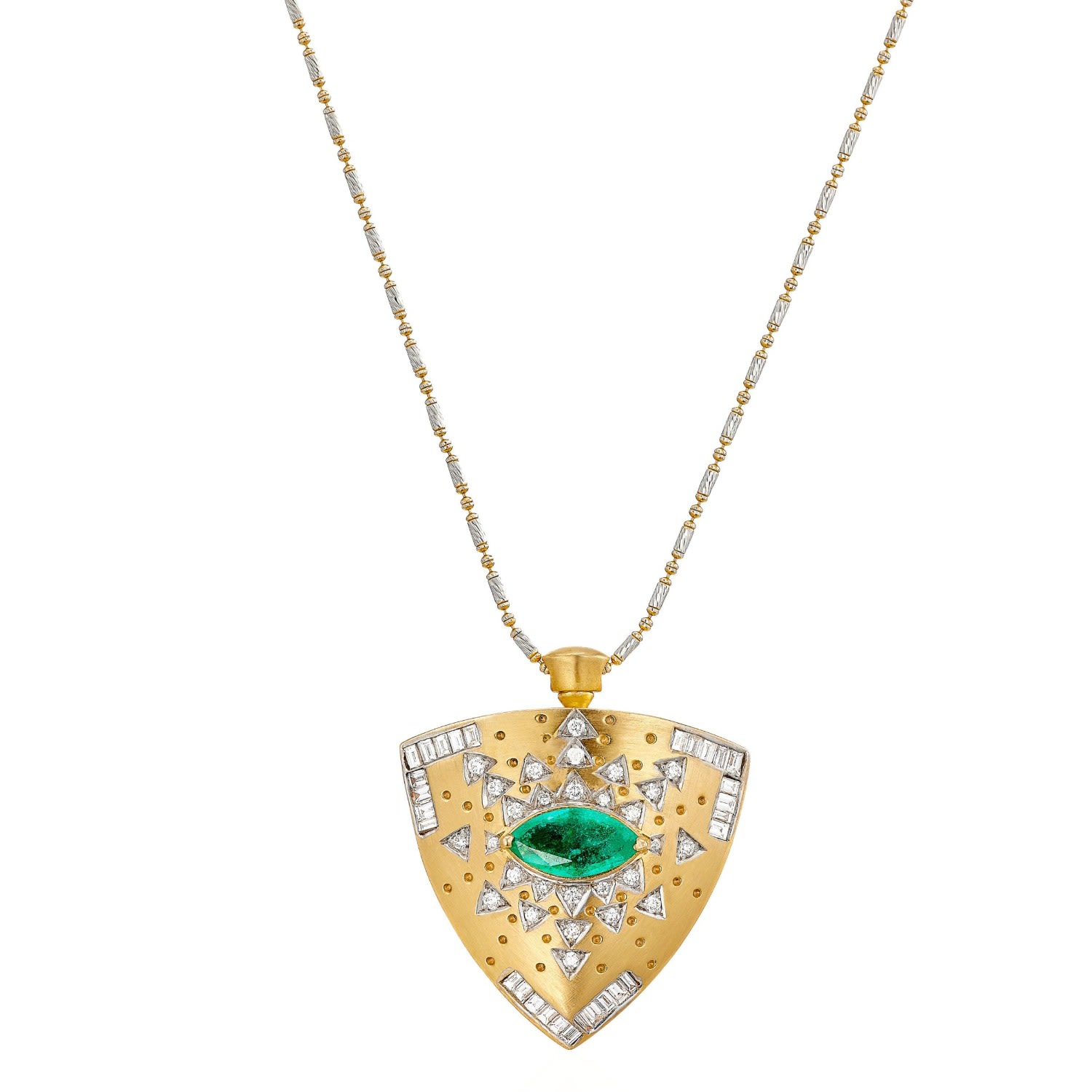 Women’s Heirloom Pendant With Diamonds & Center Emerald Solid 18 K Yellow Gold Mirayama