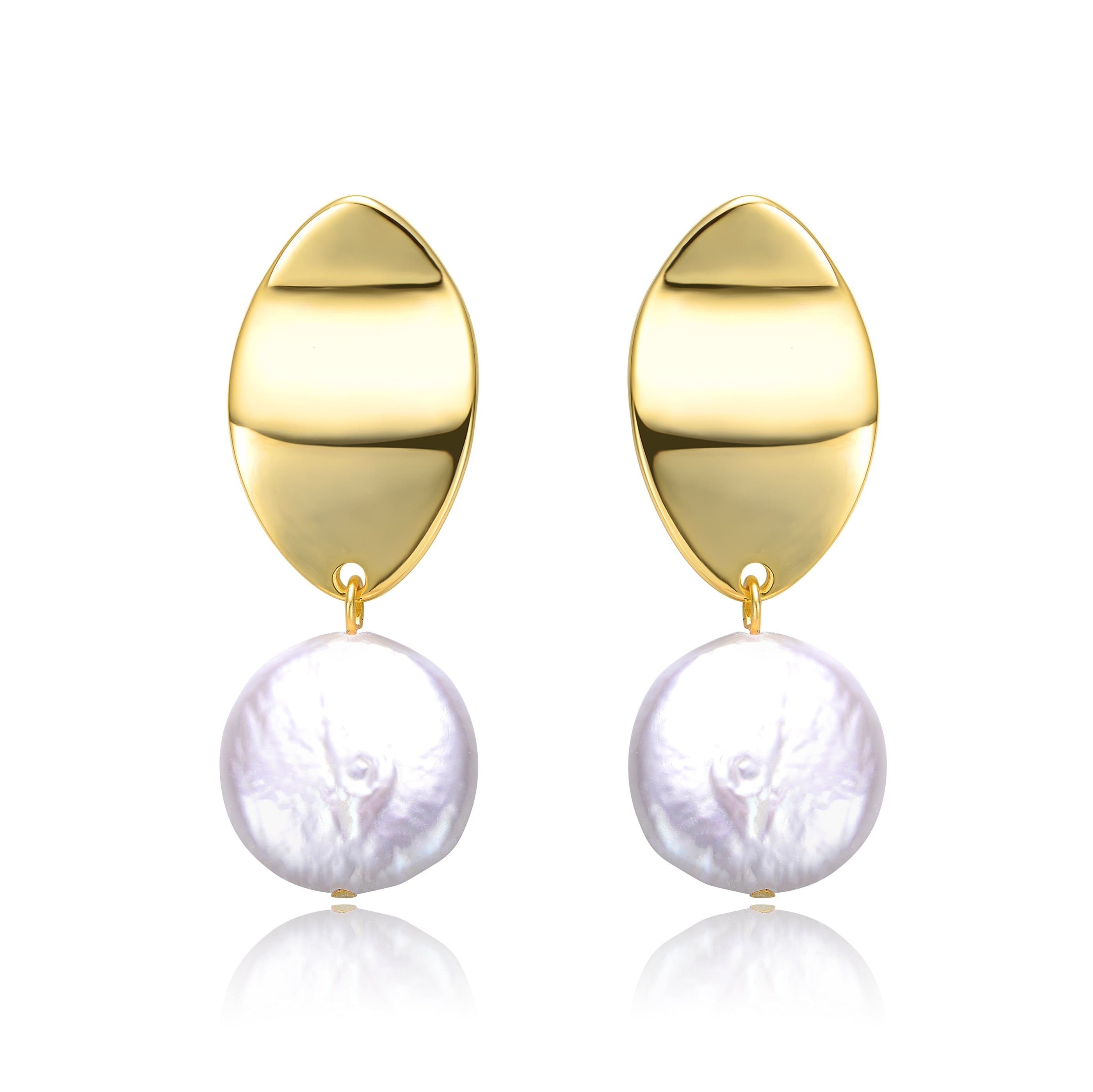 Women’s Gold / White Sterling Silver Yellow Gold Plated With White Coin Pearl Dangle Drop Marquise Medallion Earrings Genevive Jewelry