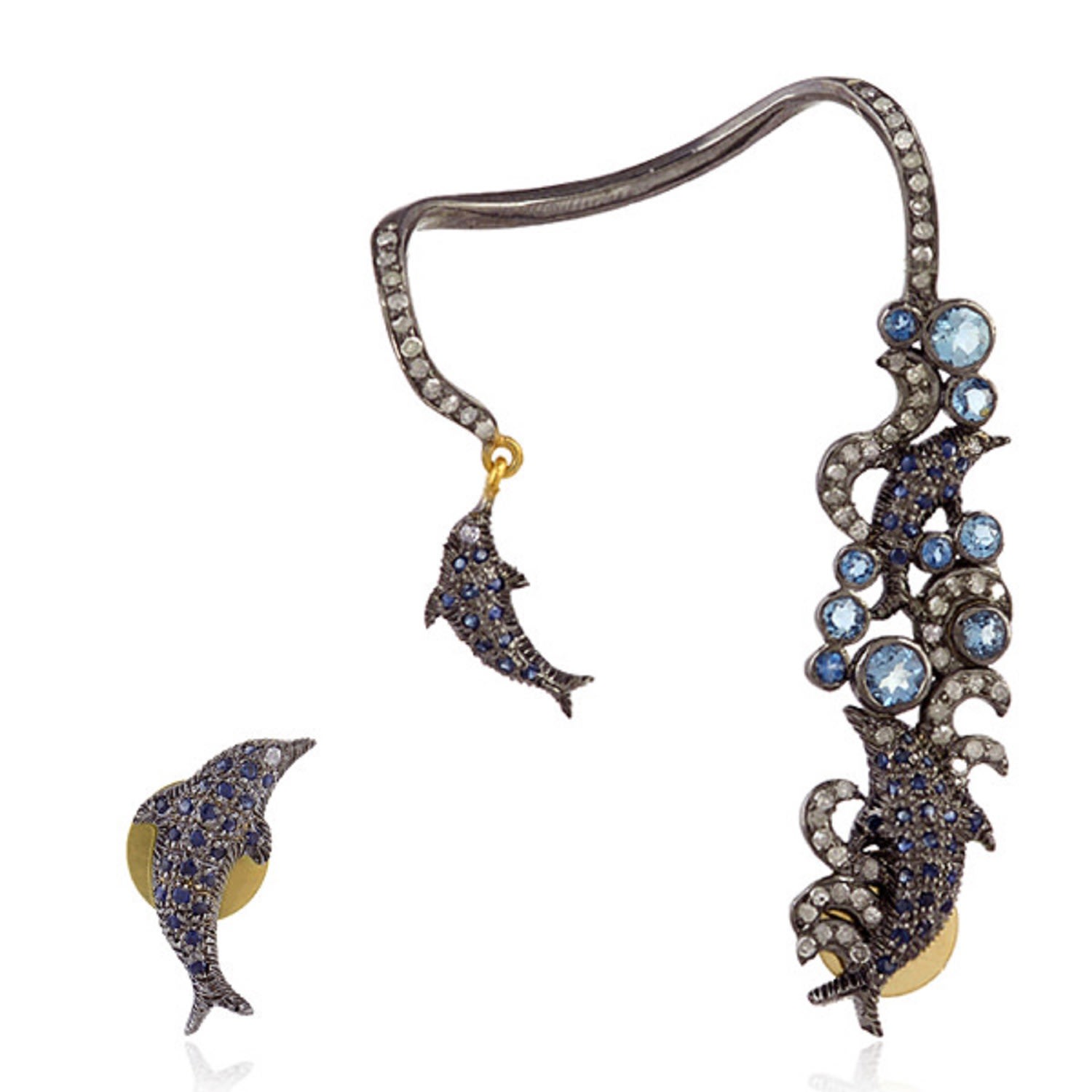 Women’s Blue / Gold / White Blue Sapphire & Pave Diamond In 18K Gold With Sterling Silver Dolphin Fish Cuff Earrings Artisan