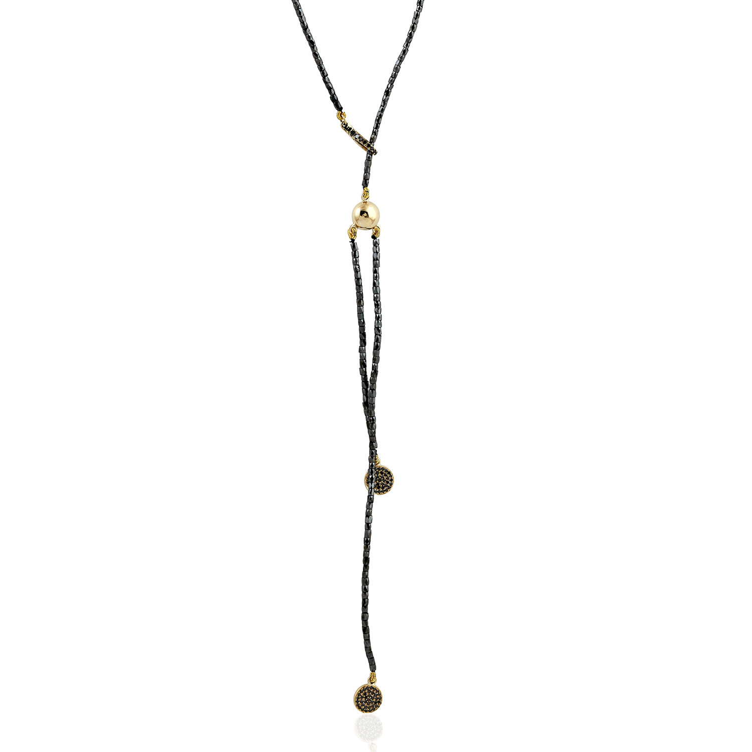 Women’s Natural Black Diamond Beaded Rope & Lariat Necklace Solid 18K Yellow Gold Artisan