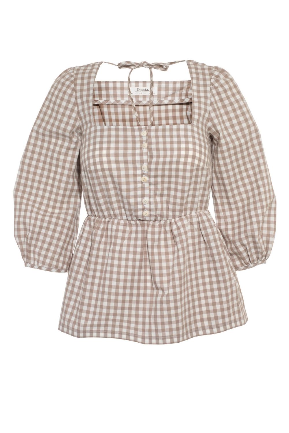 Women’s Neutrals / Brown Stone Organic Cotton Gingham Blouse Large Onesta