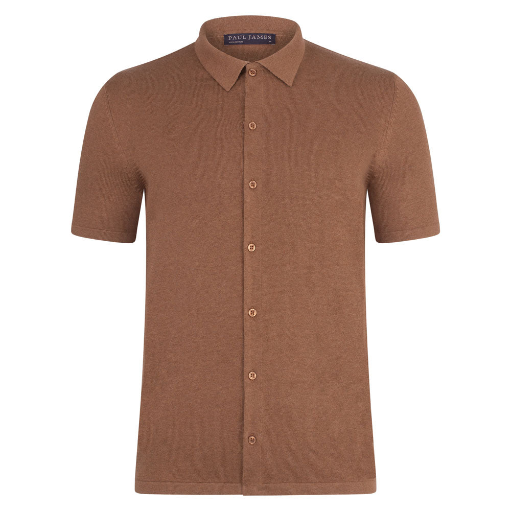 Brown Mens Cotton Short Sleeve Marshall Shirt - Camel Medium Paul James Knitwear