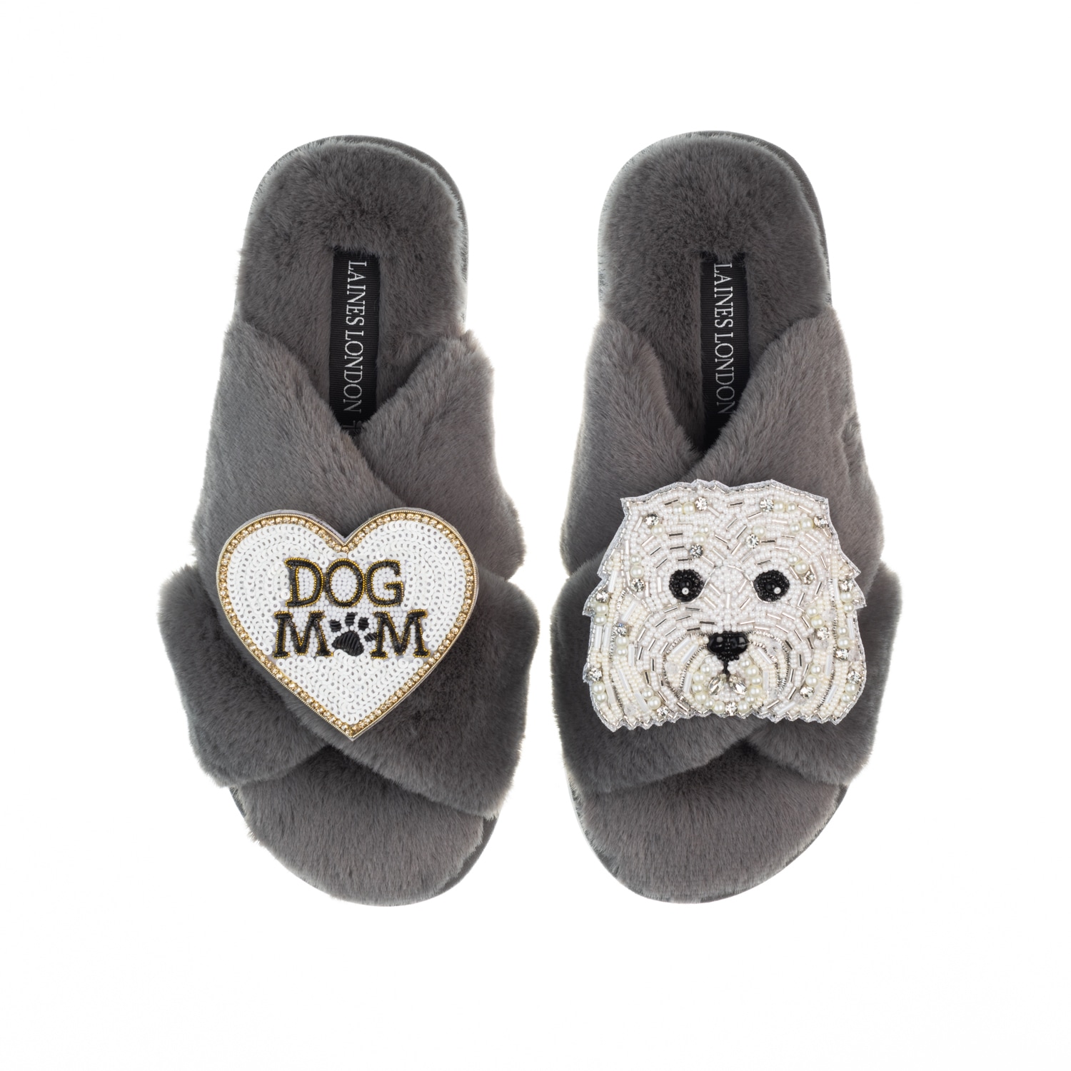 Women’s Classic Laines Slippers With Queenie & Dog Mum / Mom Brooches - Grey Medium Laines London