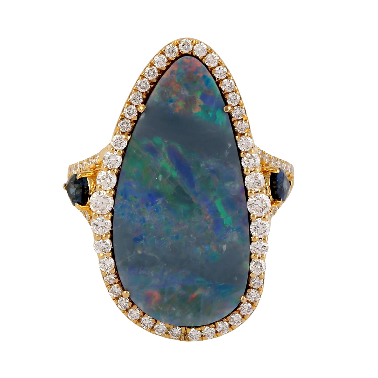 Women’s Blue / Yellow / Orange 18K Gold Blue Sapphire Opal Doublet Natural Diamond Cocktail Ring Artisan