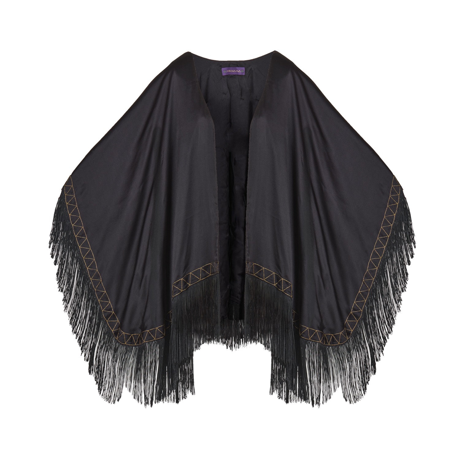 Women’s Gold / Black The Nomad Silk Poncho With Fringes/Tassels And Embroidery One Size Mirayama