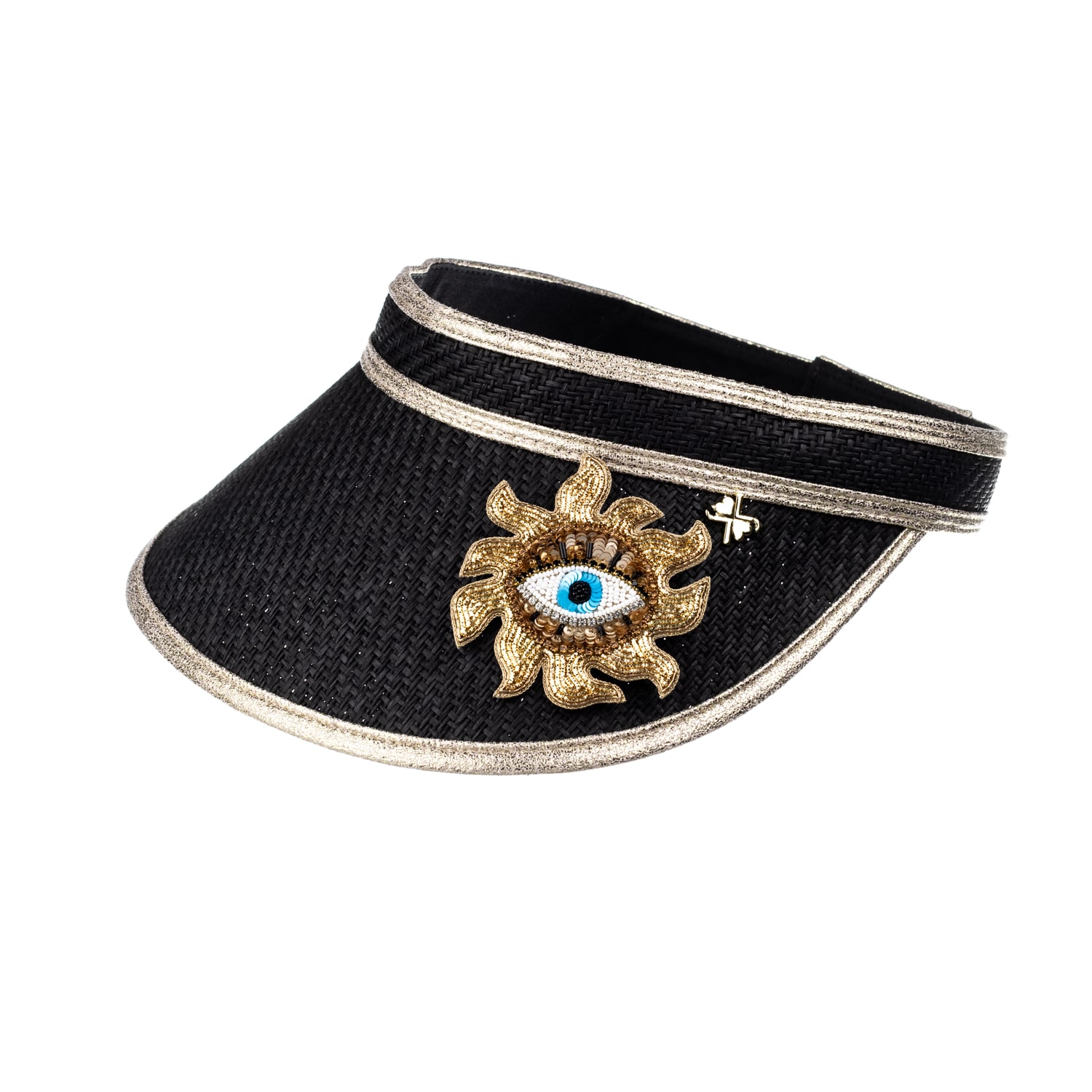 Women’s Straw Woven Visor With Embellished Mystic Eye Brooch - Black One Size Laines London