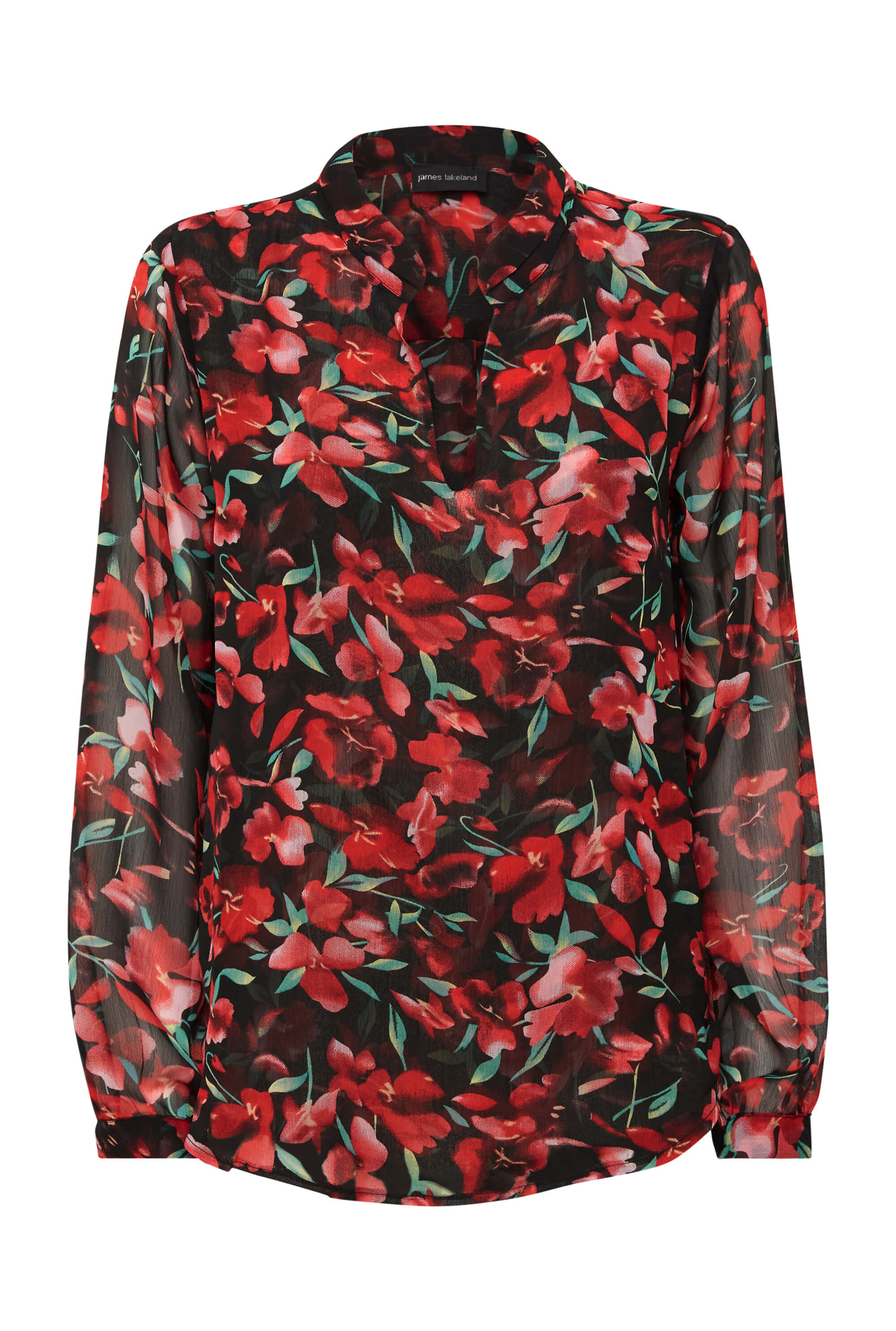 Women’s Flower Print Mandarin Collar Blouse In Black-Red Extra Small James Lakeland