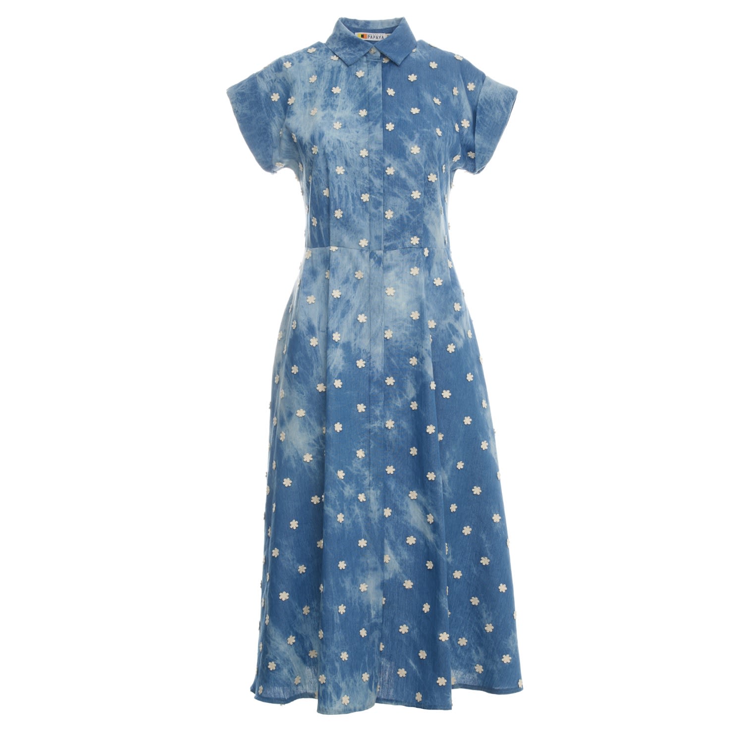 Women’s Blue Tie-Dye Cotton Dress With Embroidered Flowers Medium Colors of Papaya