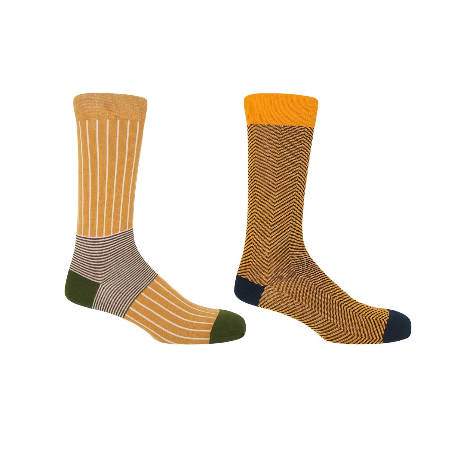 Yellow / Orange Mustard Oxford Stripe & Yellow Lux Taylor Men’s Socks Two Pack One Size Peper Harow - Made in England