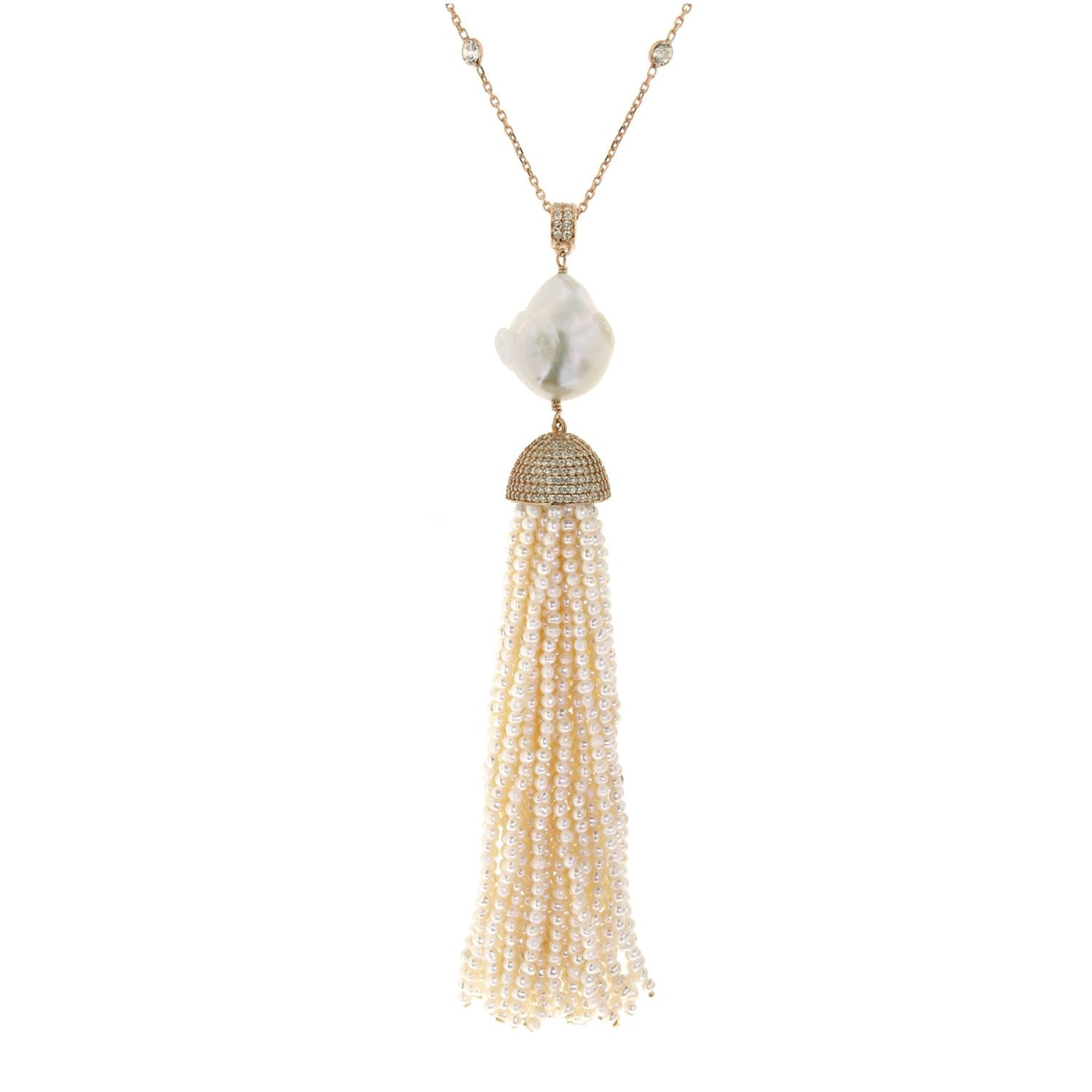 Women’s White Sterling Silver Pearl Baroque Tassel Necklace In Yellow Gold Cosanuova