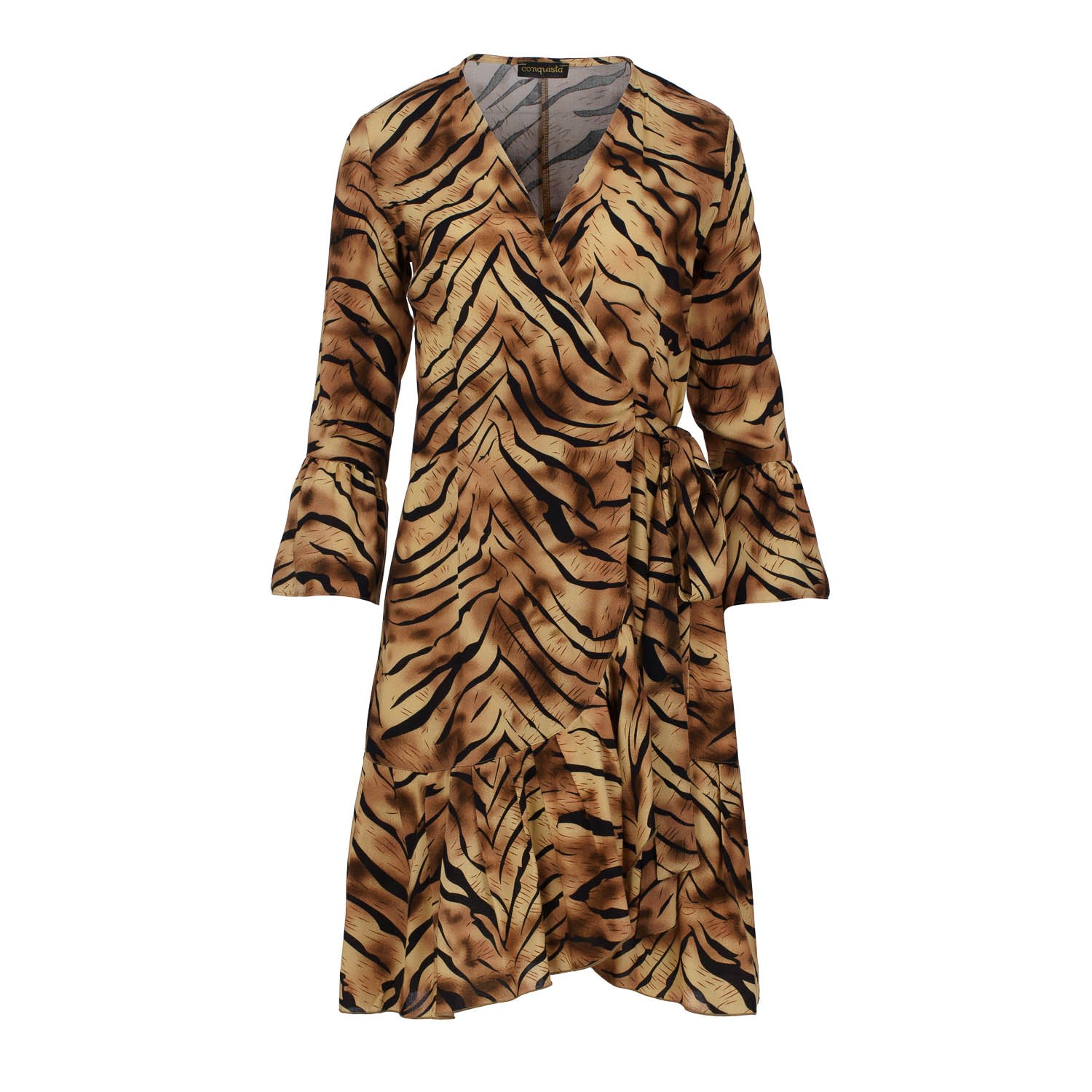 Women’s Tiger Print Viscose Wrap Dress With Bell Sleeves Extra Large Conquista