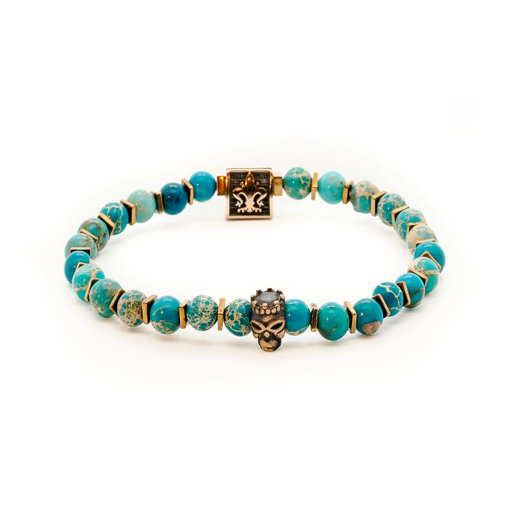 Blue / Gold Inner Harmony Skull Men Beaded Bracelet -Blue Ebru Jewelry
