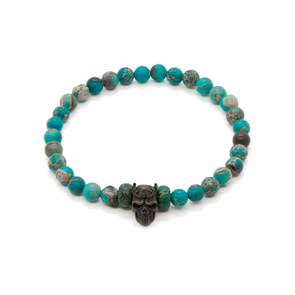 Men’s Blue / Silver Variscite Stone Beaded King Skull Bracelet - Blue Ebru Jewelry