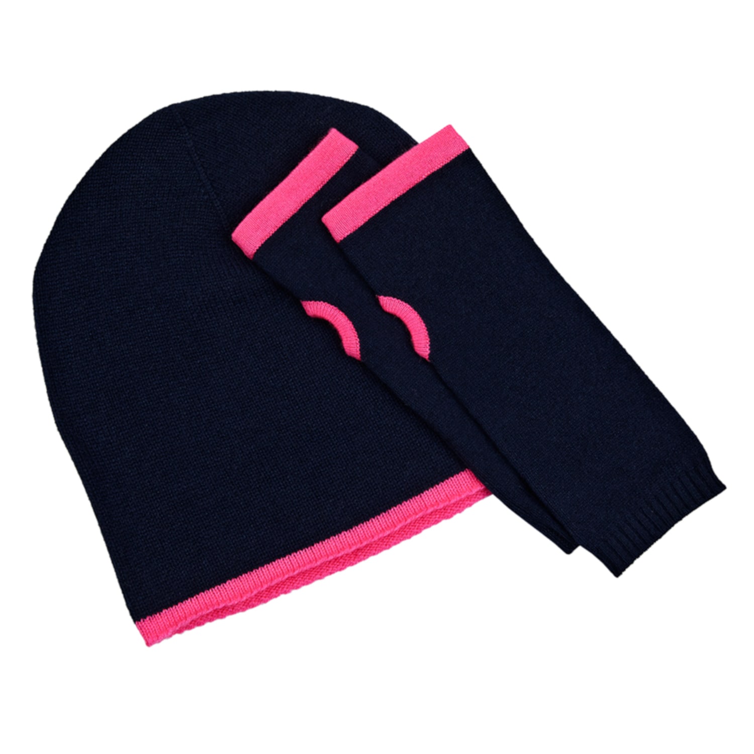 Women’s Blue Cashmere Navy & Pink Beanie & Wrist Warmer Set One Size Cove