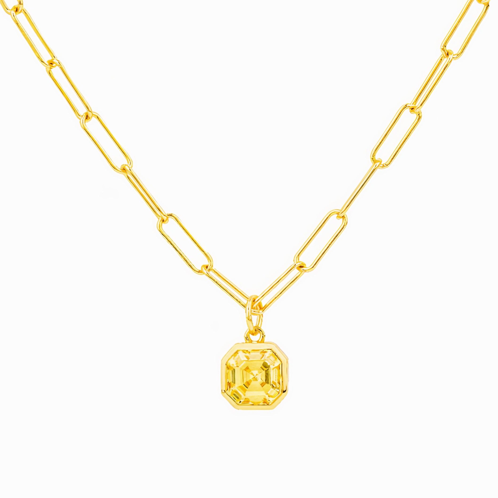 Women’s Bella Paperclip Chain Necklace 18K Gold Vermeil With Asscher Cut Cz Charm Pendant Gemsa London