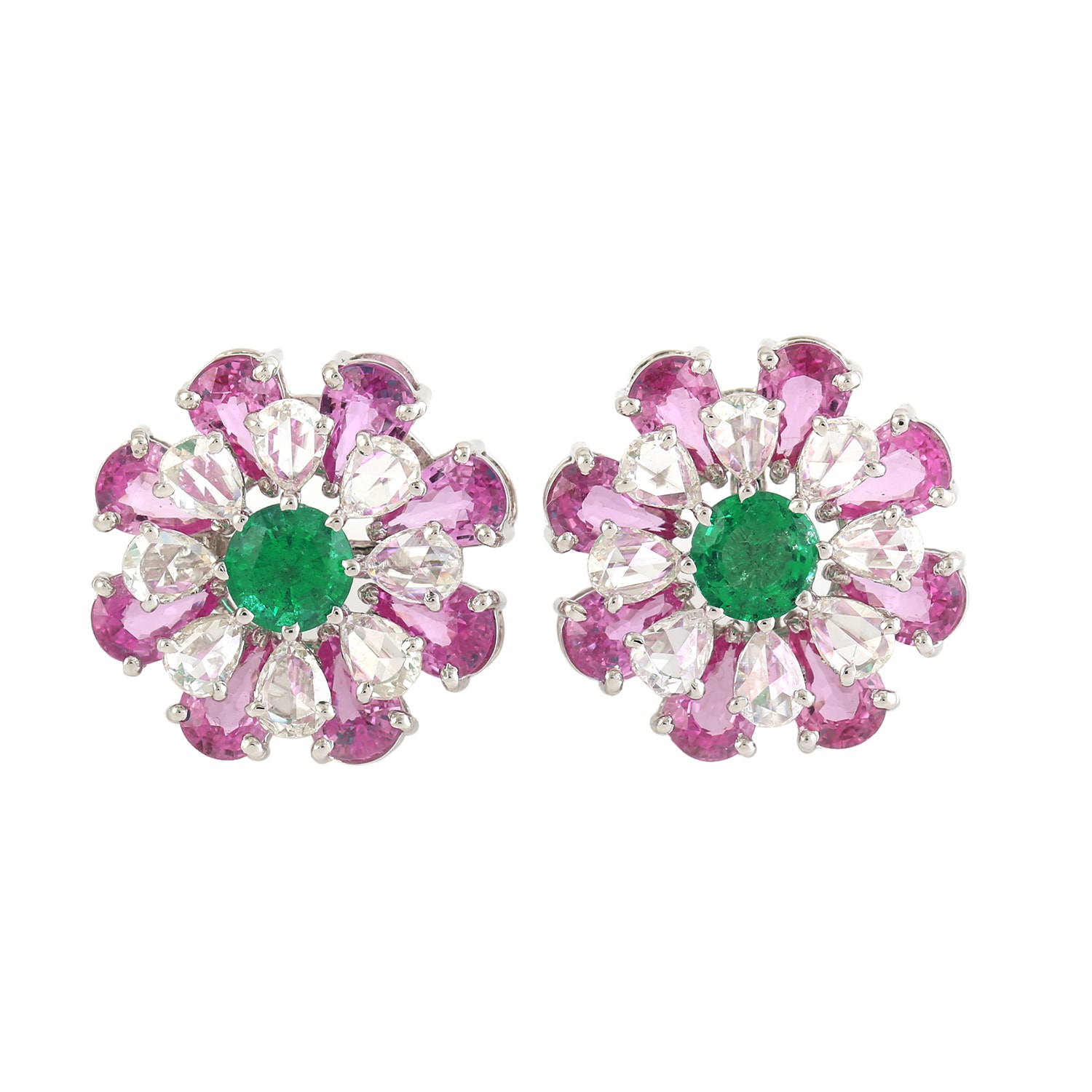 Women’s White / Pink / Purple Pear Shape Rose Cut Diamond & Pink Sapphire With Emerald In 18K White Gold Floral Stud Earrings Artisan