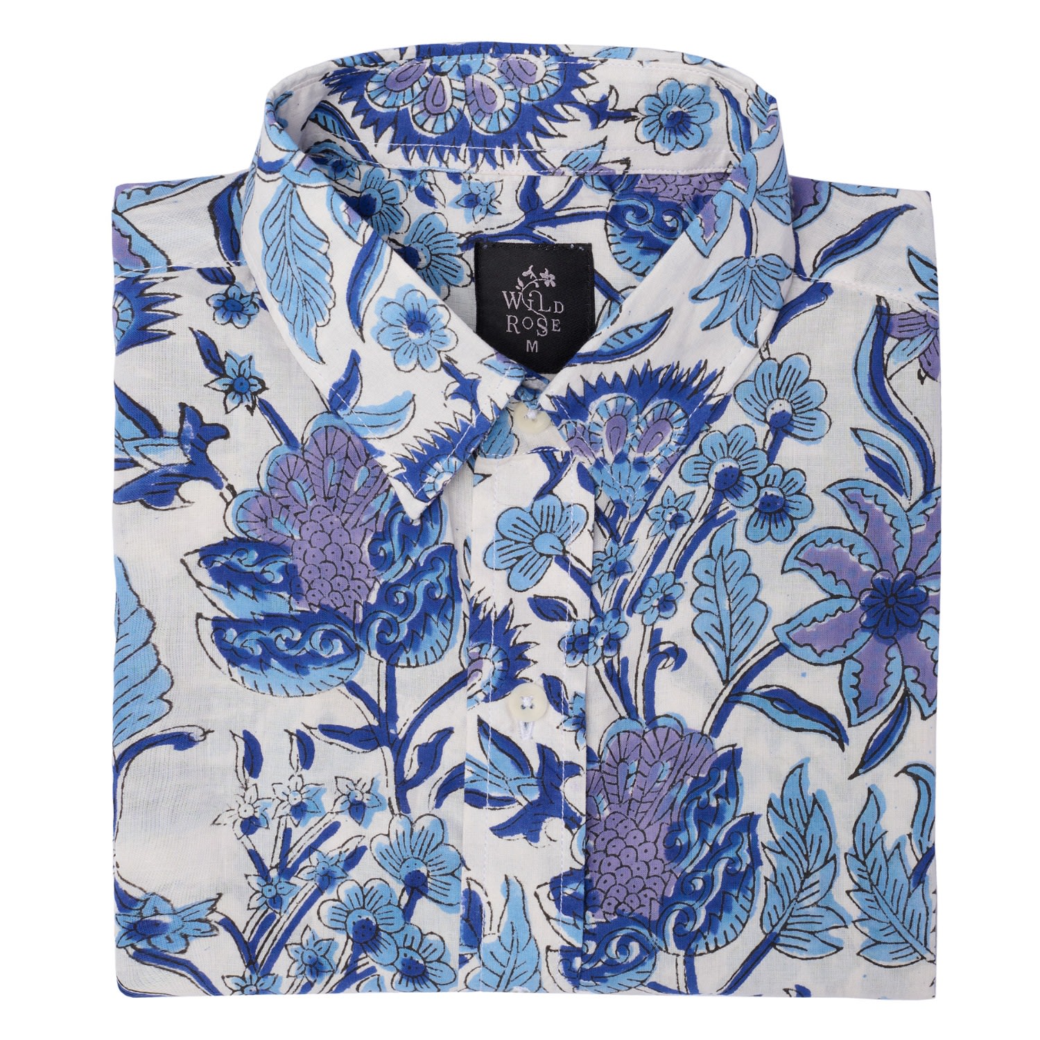 Men’s White / Blue Adhama Hand Block Print Cotton Long Sleeved Floral Shirt Medium Wild Rose
