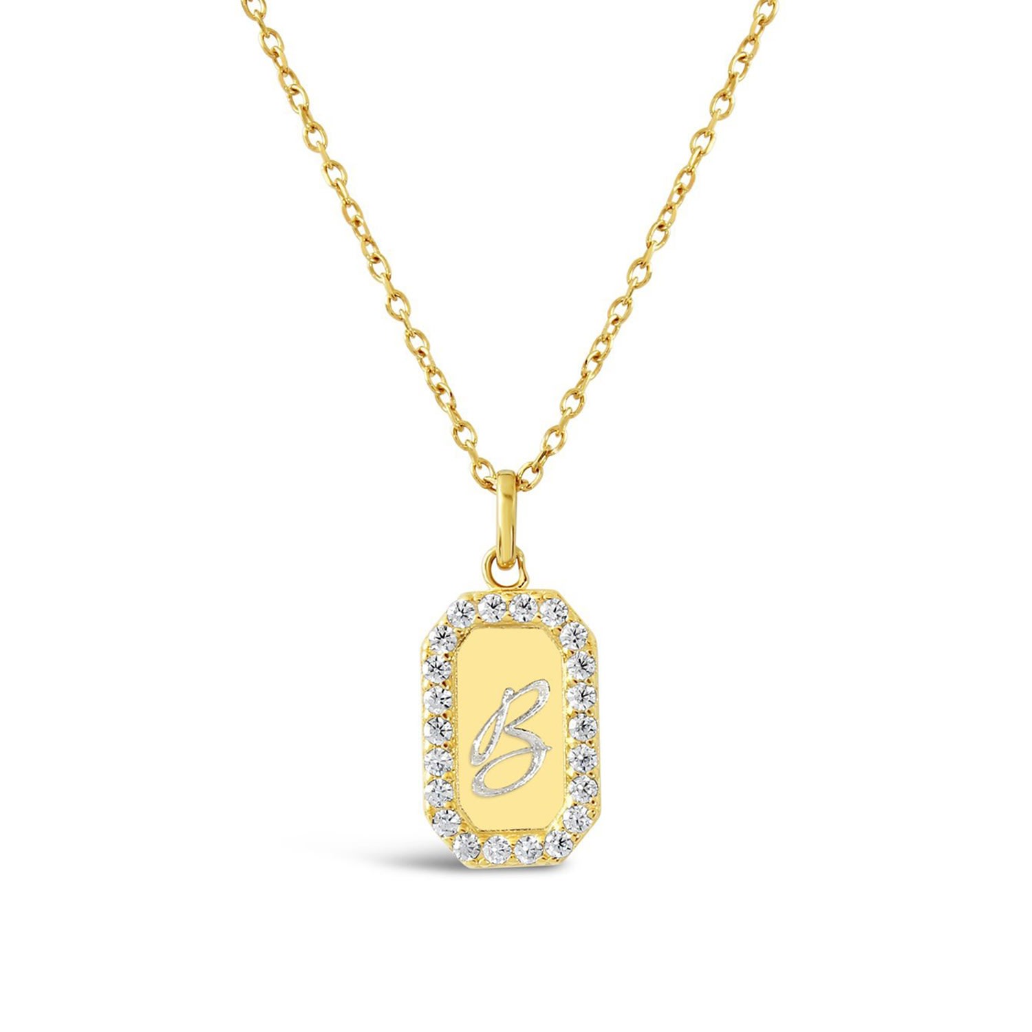 Women’s Mini Tag 18K Gold Vermeil Crystal Necklace - Script Initial Engraving Lucky Eleven