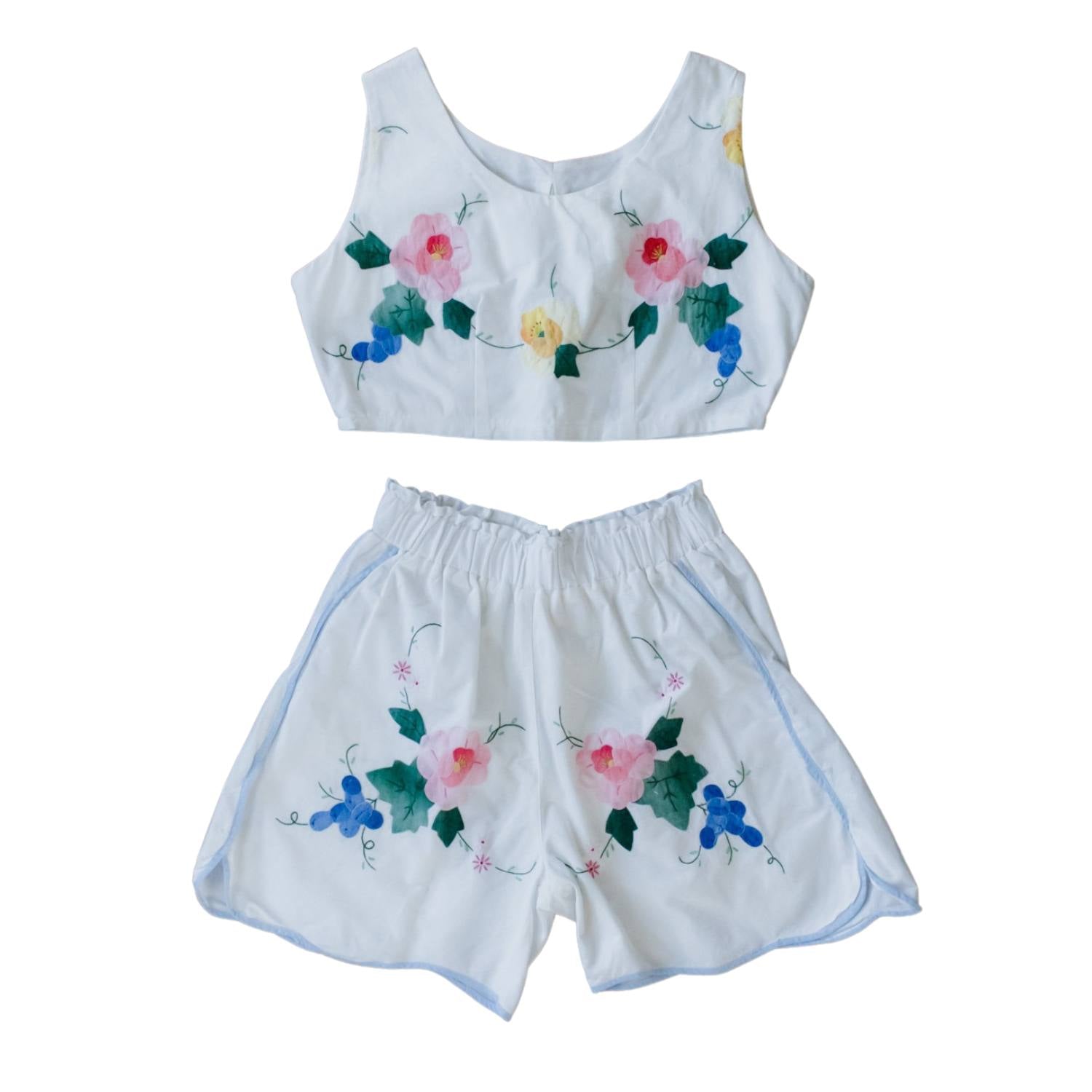 Women’s Upcycled Hand-Embroidered Floral Crop Top & Shorts Set With Blue Border Medium Sugar Cream Vintage