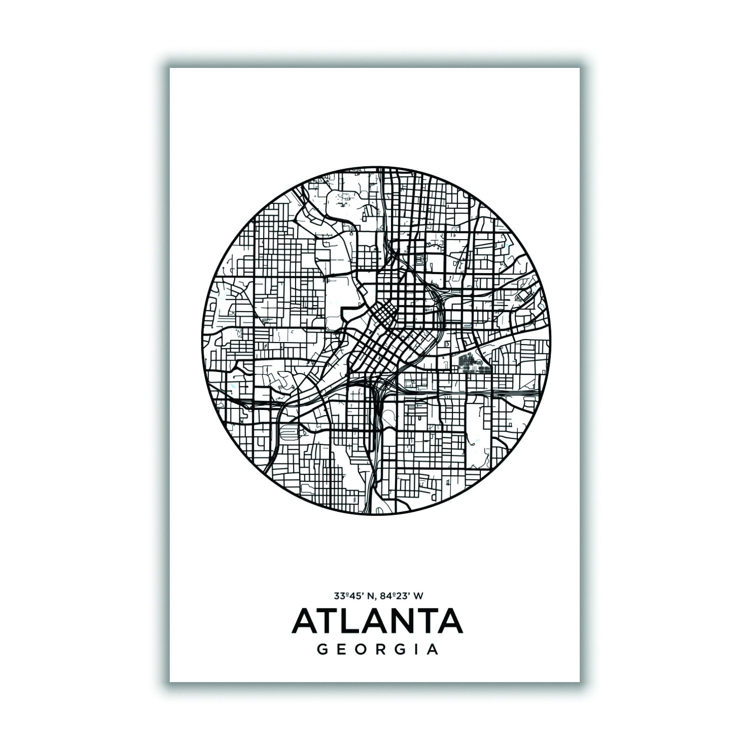 Black Map Of Atlanta A2 420 X 594Mm Stanley Print House