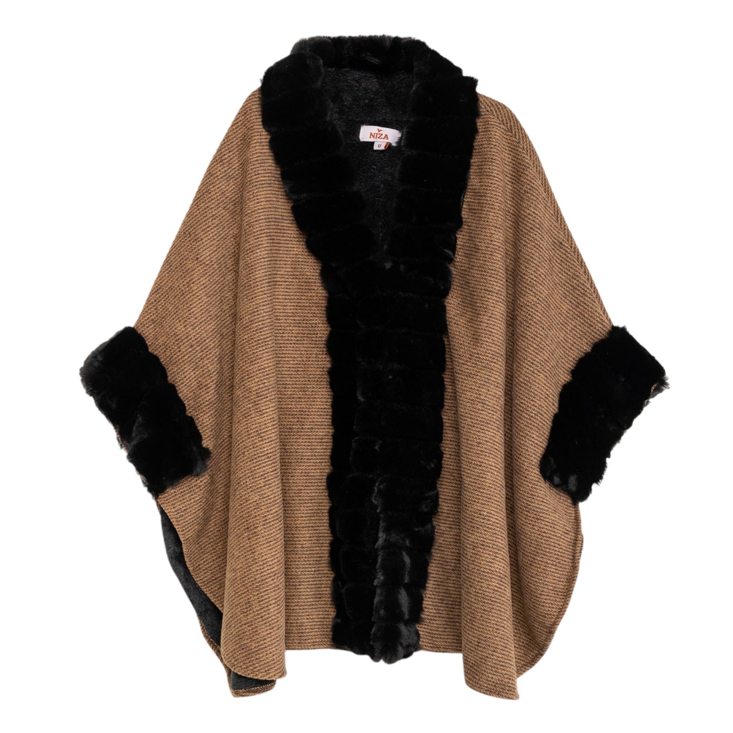 Women’s Brown / Black Poncho With V Neckline And Fur Brown One Size Niza