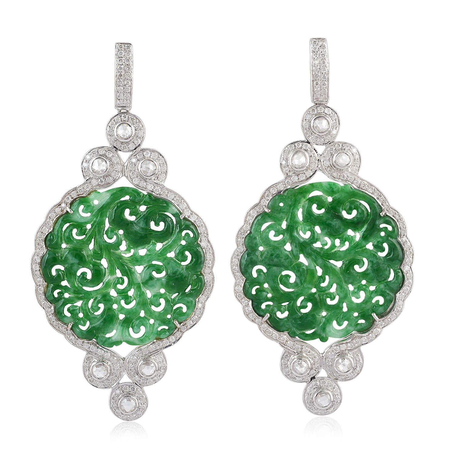 Women’s Green / White 18K White Gold In Carved Green Jade & Diamond Antique Dangle Earrings Artisan