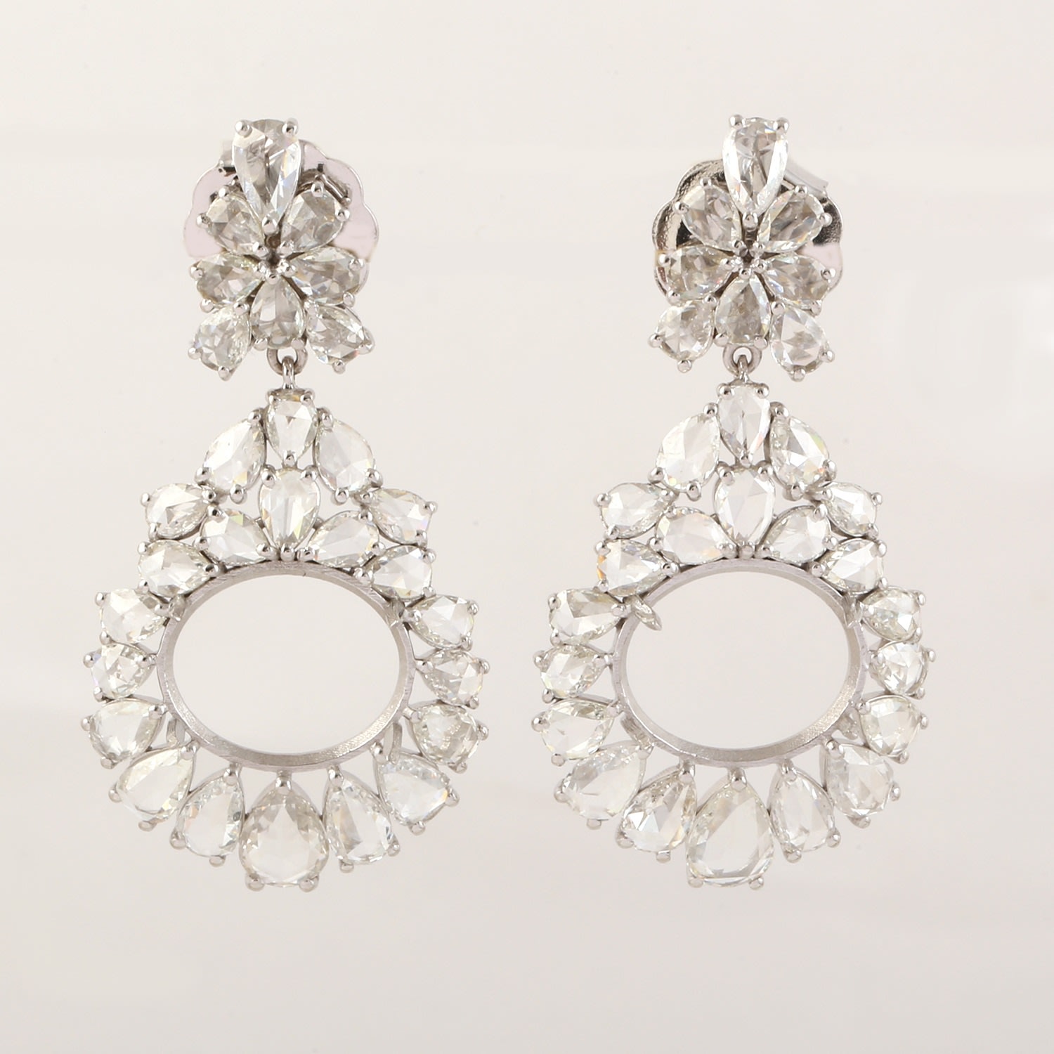 Women’s 18K Solid White Gold With Rose Cut Diamond Luxury Drop Shape Dangle Earrings Artisan
