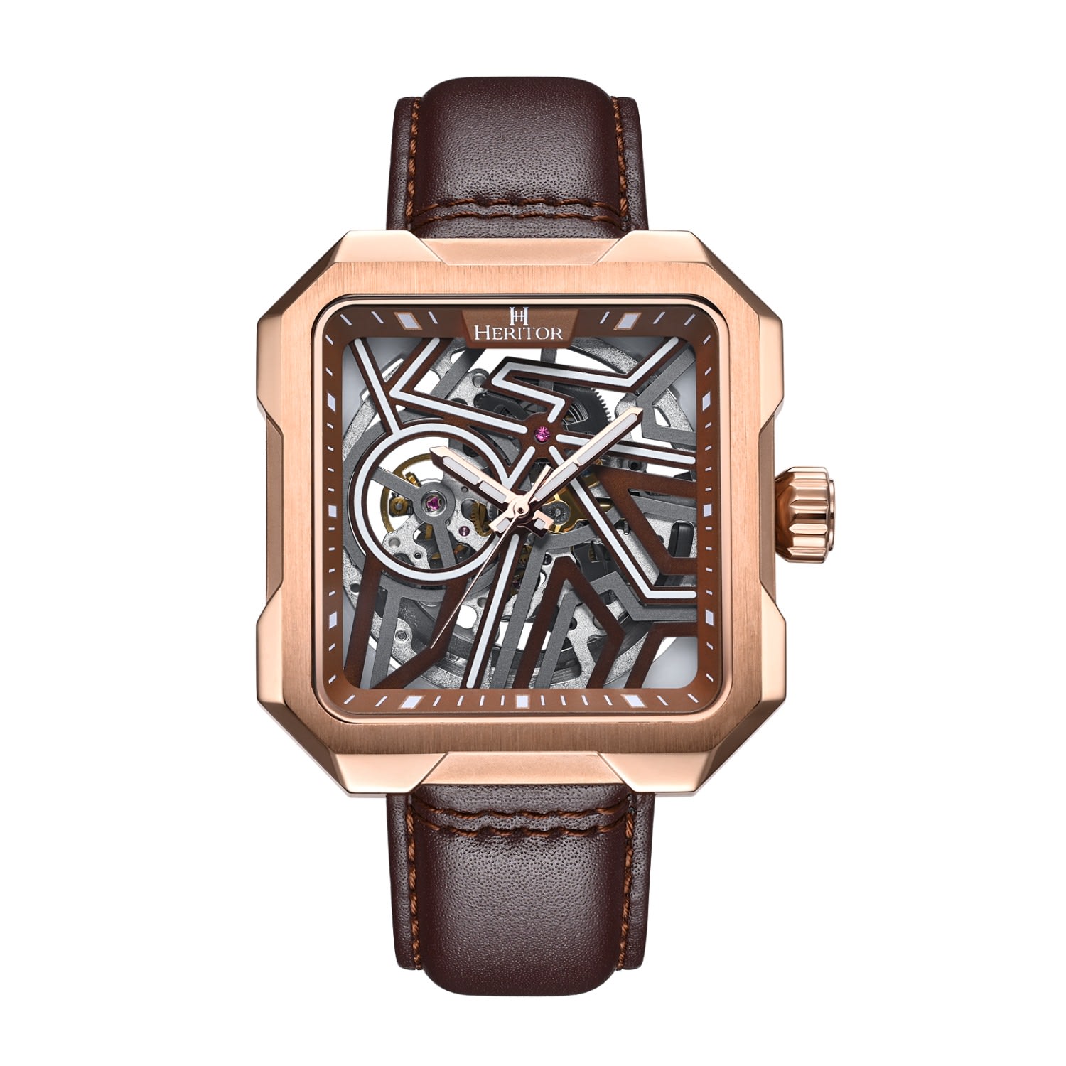 Men’s Brown / Rose Gold Campbell Leather-Band Skeleton Watch - Brown, Rose Gold Heritor Automatic