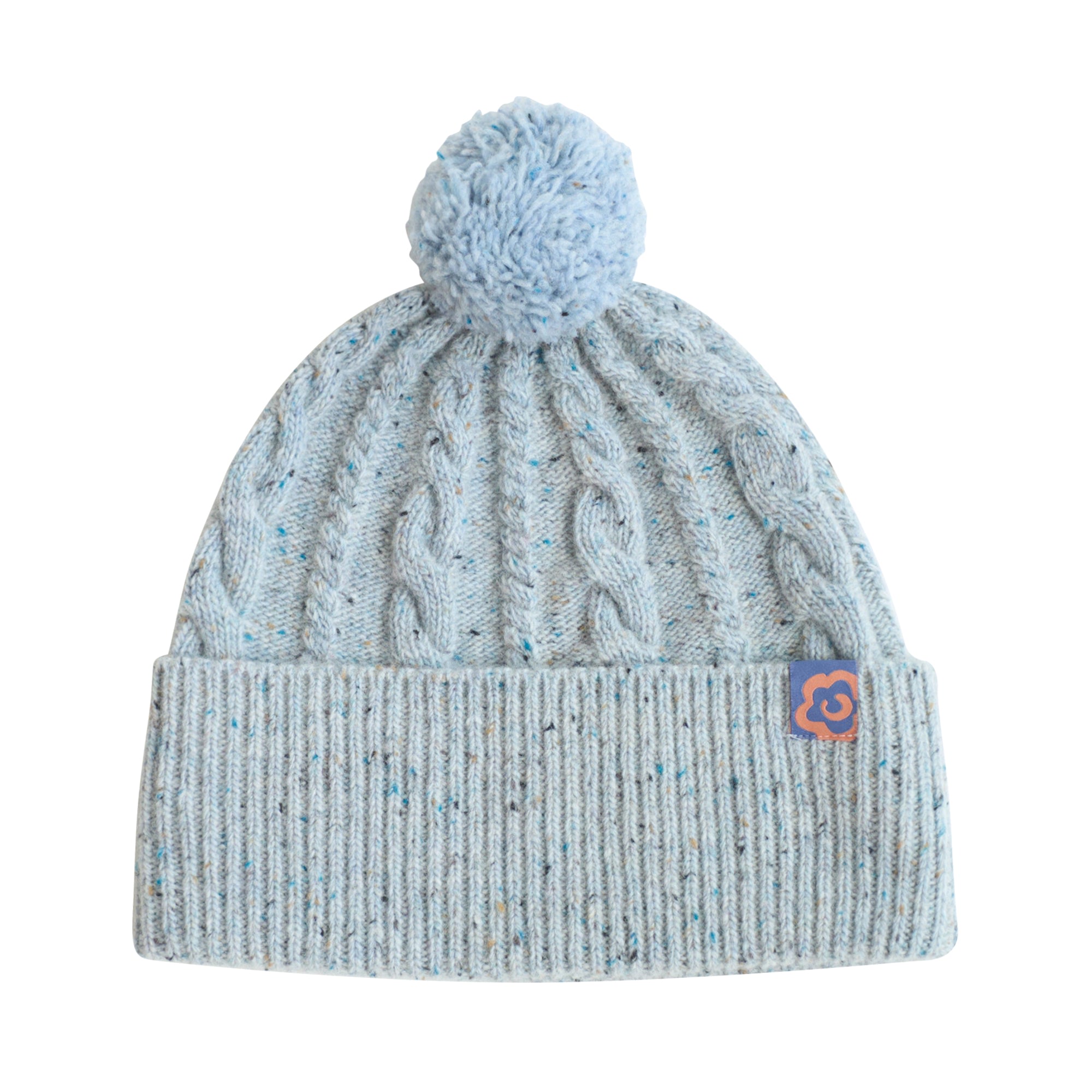 Women’s "Pom Pom" Cable Knit Wool Beanie Hat - Icy Blue Lost Pattern Nyc