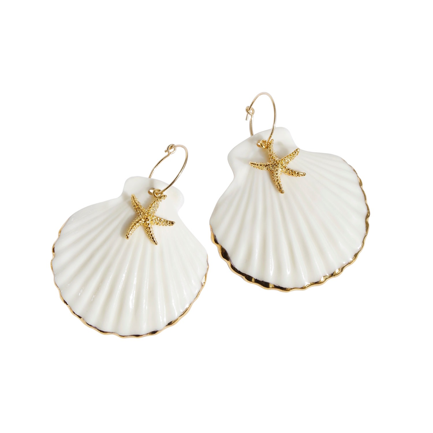 Women’s White / Gold Golden Edge Clam Shell With Starfish Hoop Earrings Poporcelain