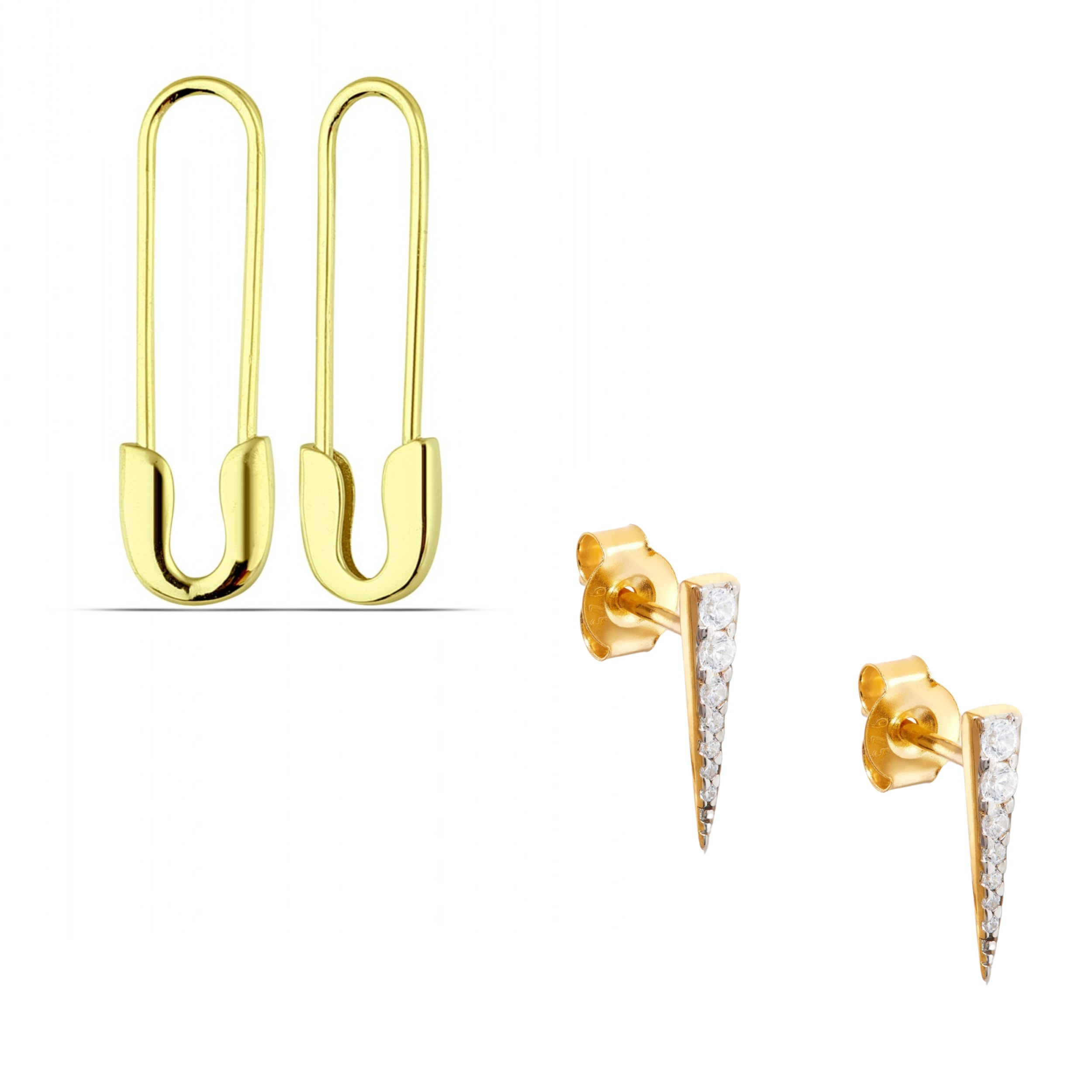 Women’s Long Pave Dagger Stud & Safety Pin Earring Set - Gold Spero London