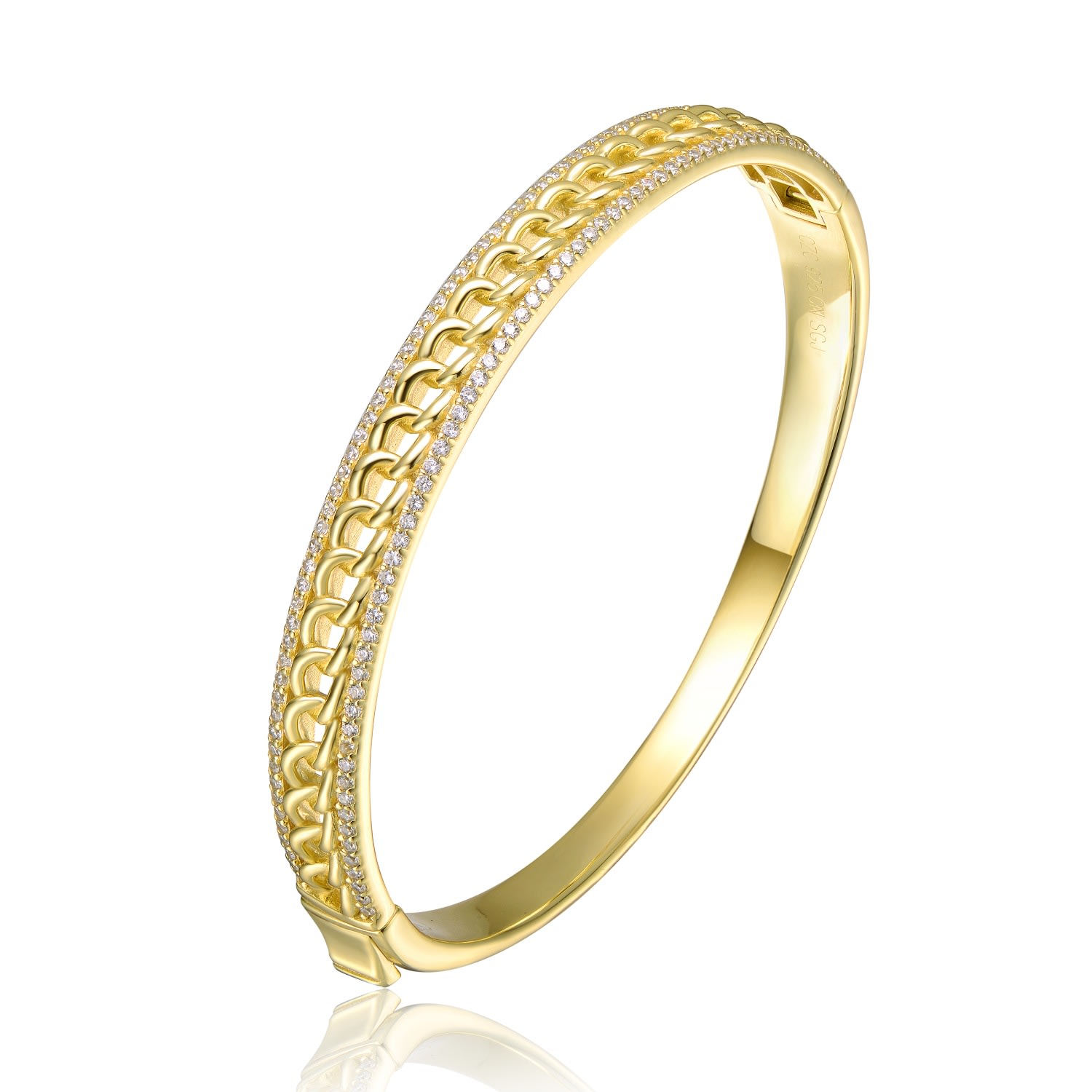 Women’s Sterling Silver Yellow Gold Plated Cubic Zirconia Chain Link Stiff Bangle Bracelet Genevive Jewelry