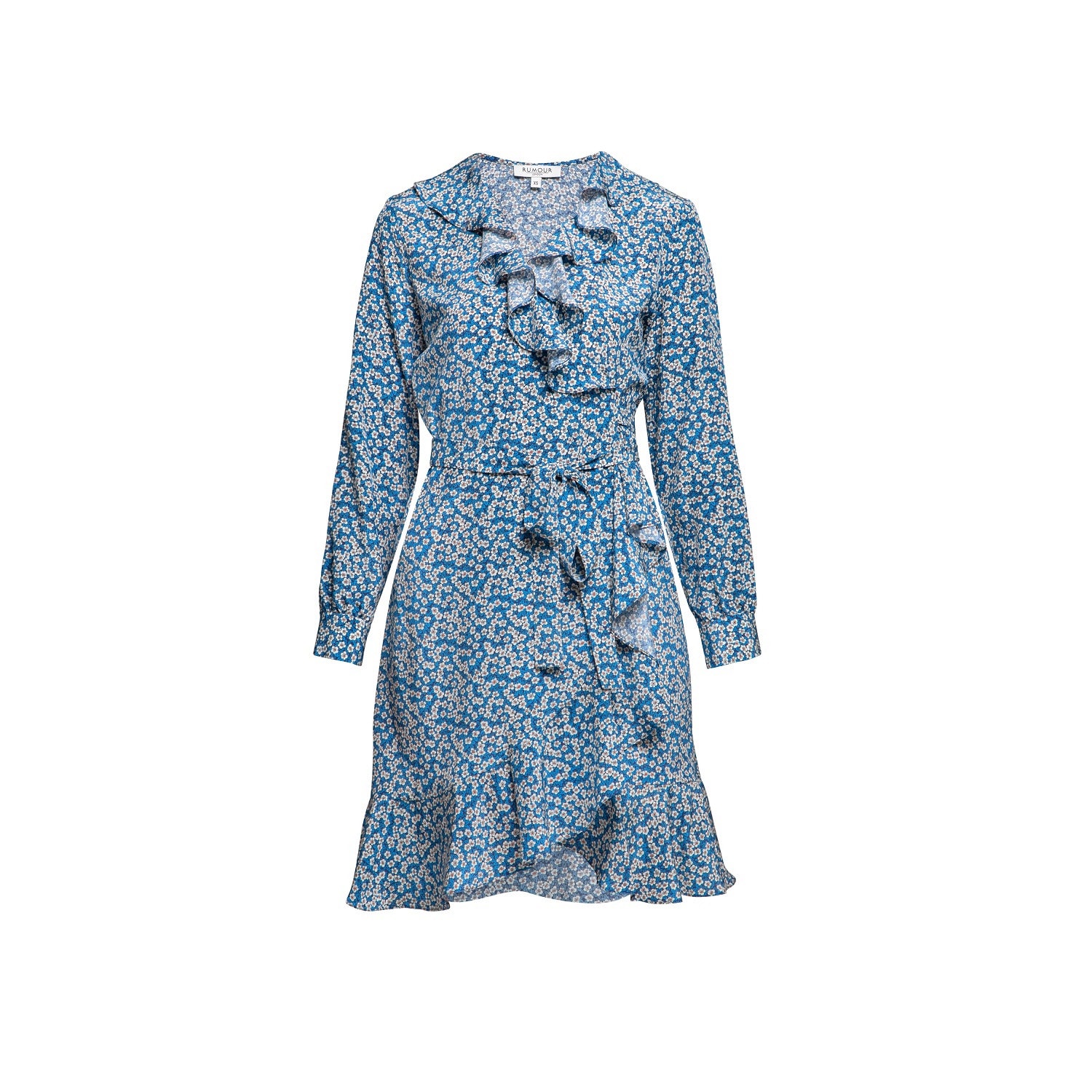 Women’s Blue Abby Ruffled Silk Wrap Dress With Cherry Blossom Print Small Rumour London