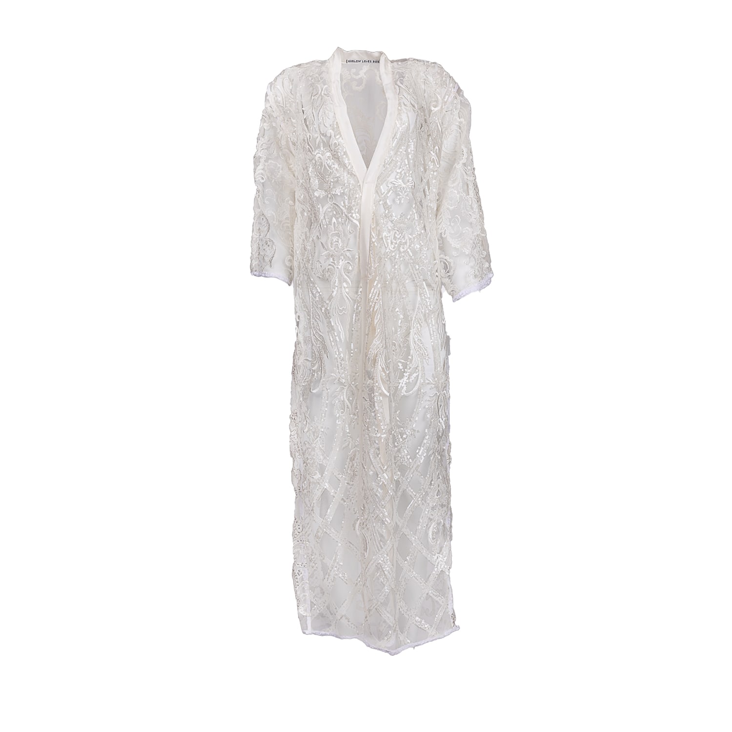 Women’s White Brigitta - Ethereal Ivory French Embroidered Sequinned Lace Robe With Silk Sash One Size Harlow Loves Daisy